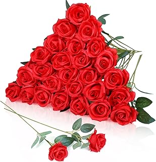 30Pcs Roses Artificial Flowers Bouquet, Red Fake Silk Rose with Long Stem Realistic Single Stem Flowers for DIY Wedding Arrangement Party Centerpieces Home Decoration