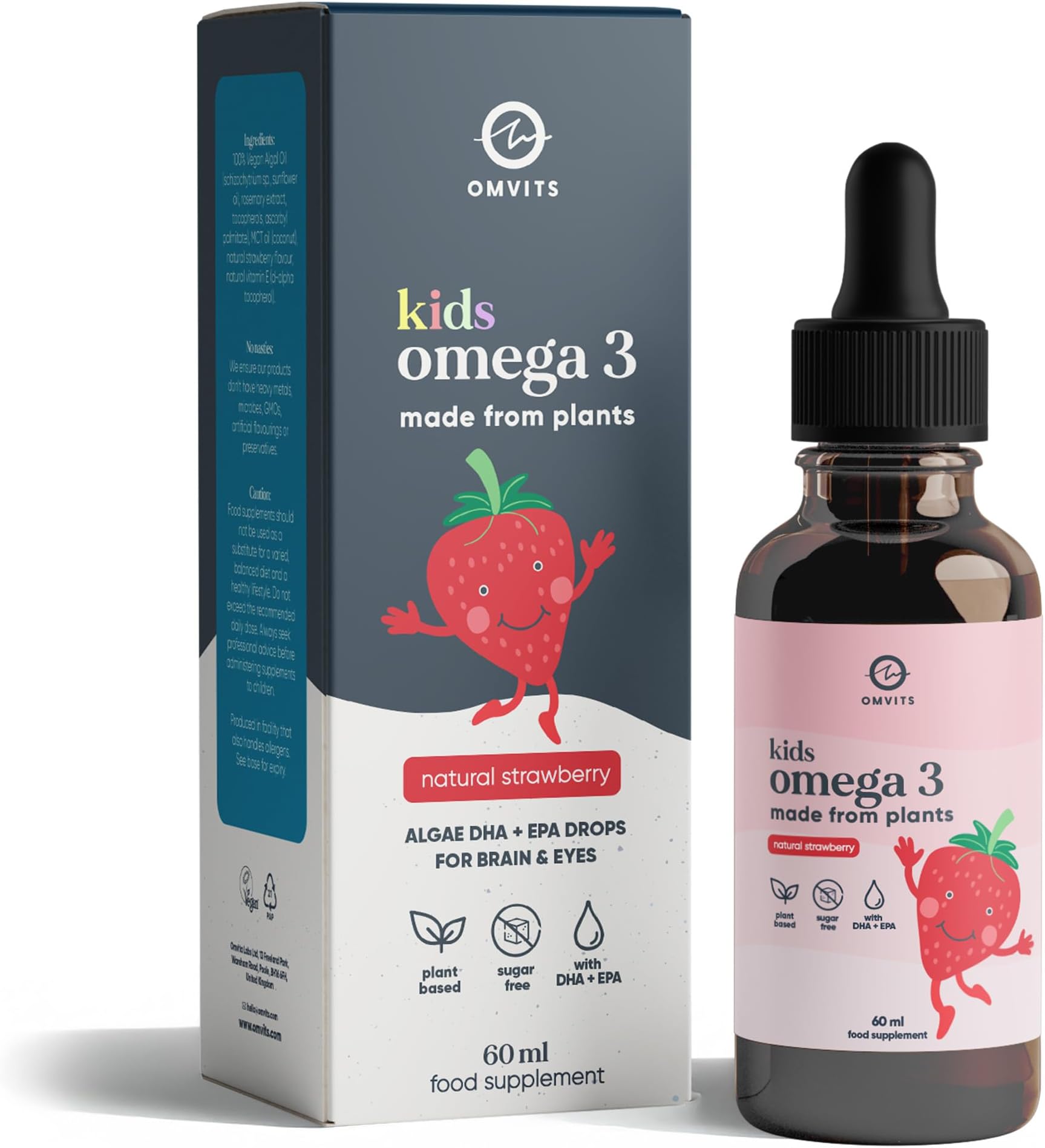 Kids Vegan Omega-3 Liquid Drops (DHA+EPA from Algae Oil) - Strawberry Flavour, 60ml โ Sugar Free, Carrageenan Free โ from 3 Months+ - Natural Fish Oil Alternative - Made in the UK