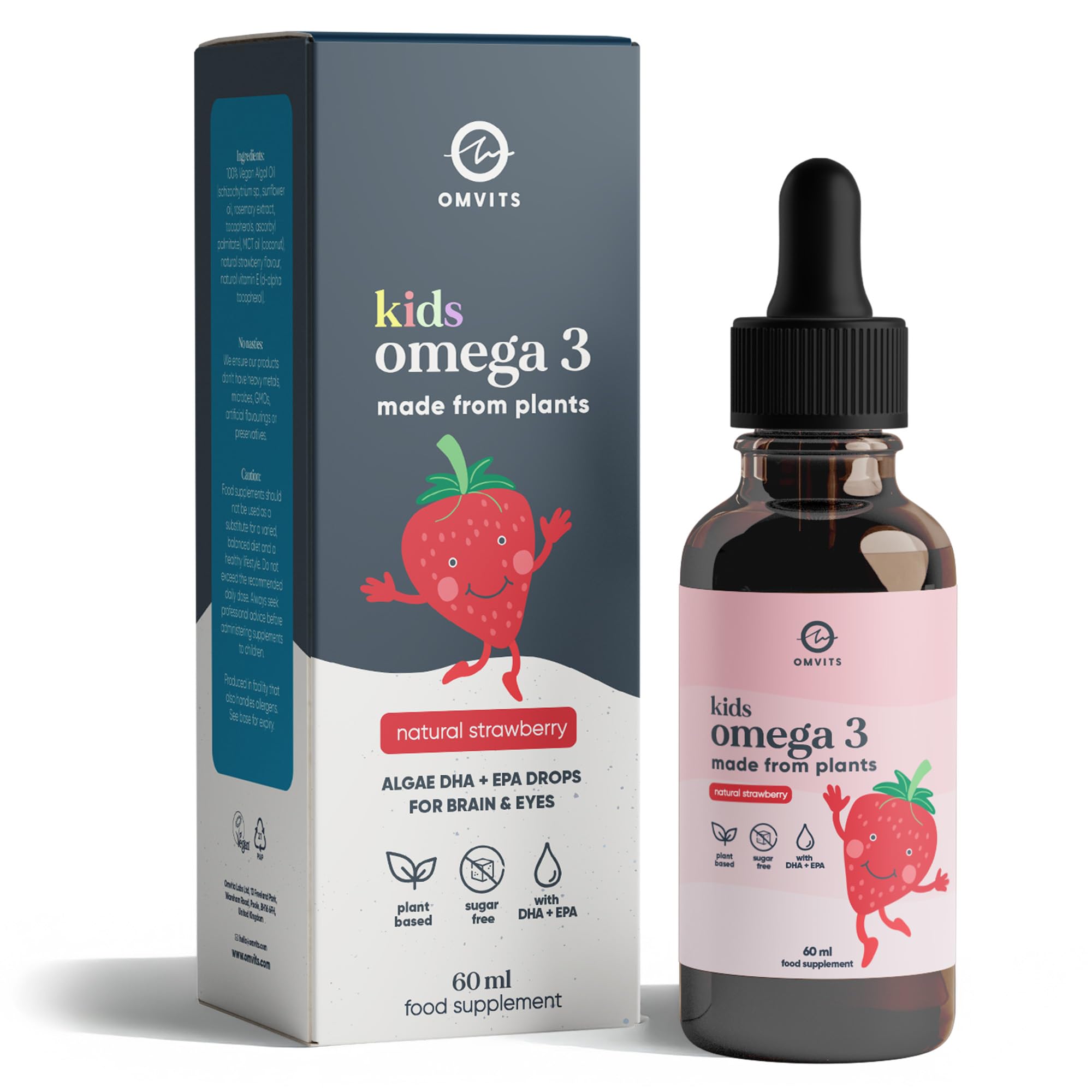 Kids Vegan Omega-3 Liquid Drops (DHA+EPA from Algae Oil) - Strawberry Flavour, 60ml – Sugar Free, Carrageenan Free – from 3 Months+ - Natural Fish Oil Alternative