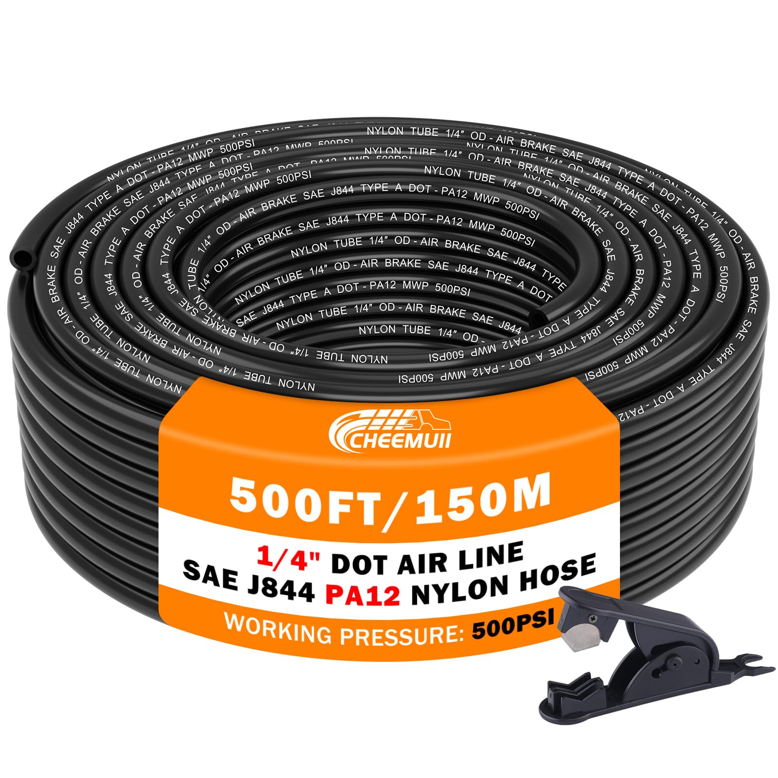 CheeMuii 500 FT 1/4" DOT Air Line 1/4 PA12 Nylon Pneumatic Tubing 152 Meter 1/4 Inch OD Pneumatic Air Tubing Pipe Hose Line for Semi Truck Trailer or