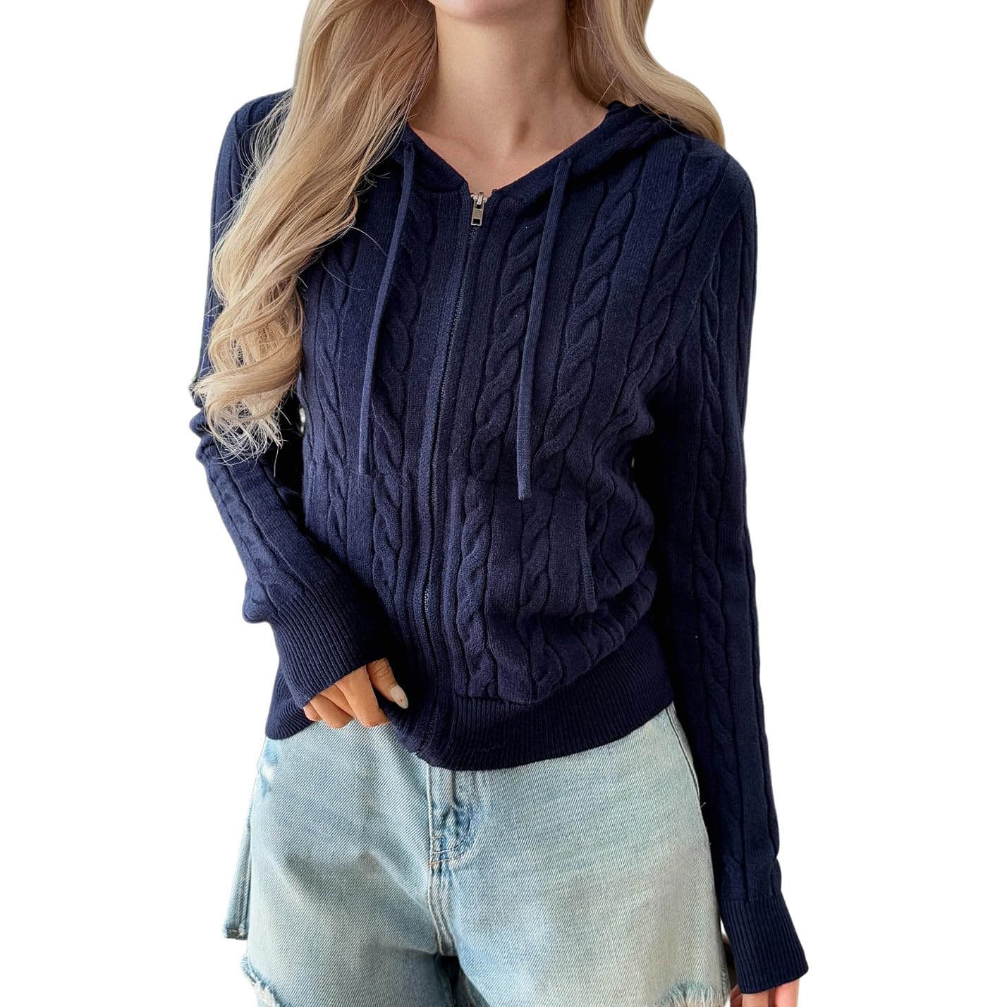 Womens Cable Knit Zip-Up Hoodie Sweater Long Sleeve Casual Style Early Fall Fashion Cardigan Sweaters for Women