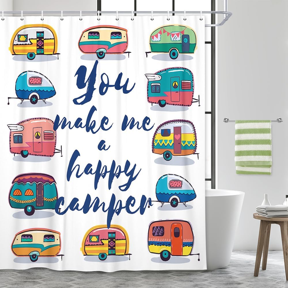 JAWO RV Shower Curtain for Camper Trailer Camping Bathroom, You Make Me A Happy Camper, Stall Shower Curtain with Hooks Set, 69x84Inch