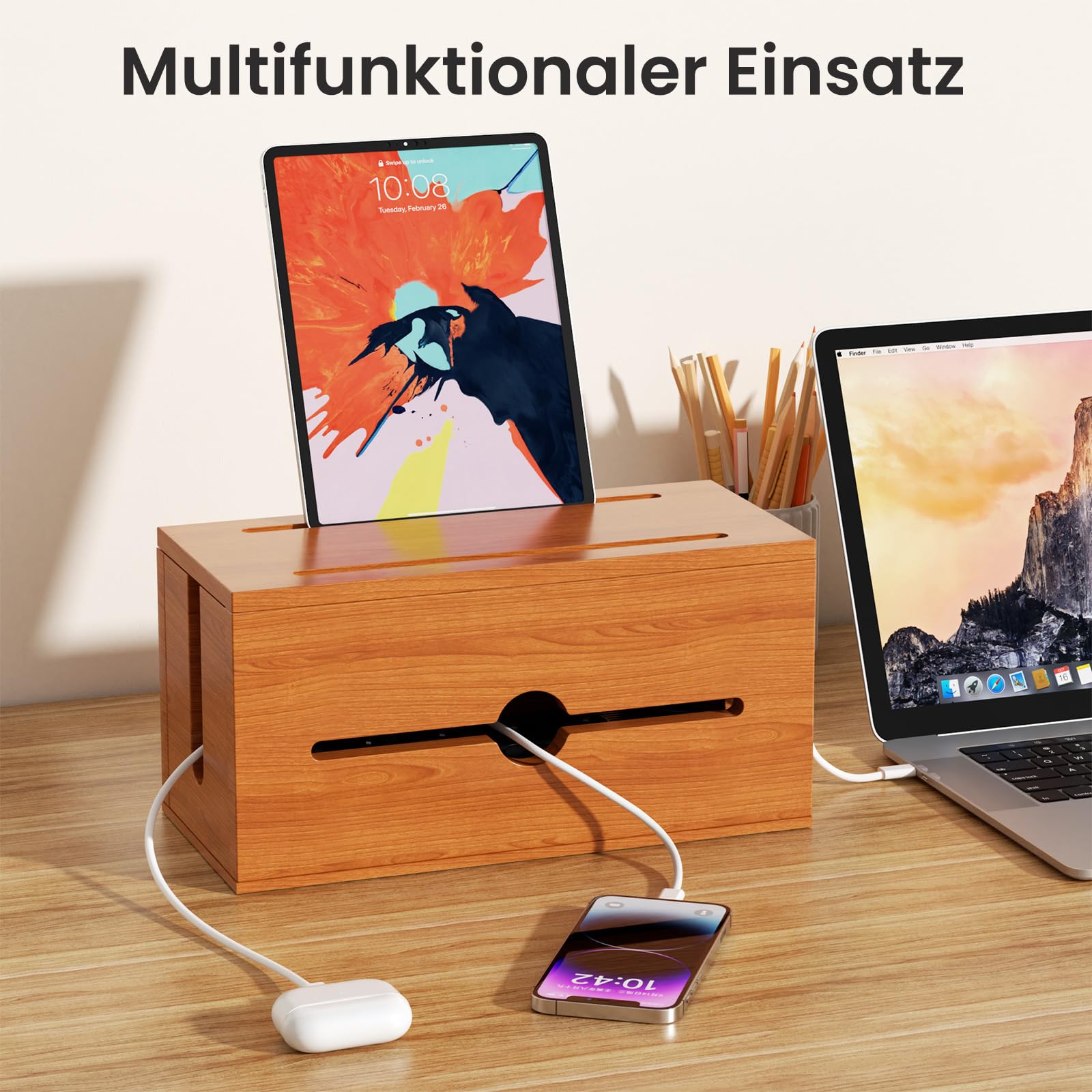 Drewniana skrzynka kablowa z listwą zasilającą, stacja ładująca, organizer z 8 gniazdami USB i 1 szybkim ładowaniem typu C, ochrona przed przepięciem, przedłużacz o długości 200 cm, do biura, domu