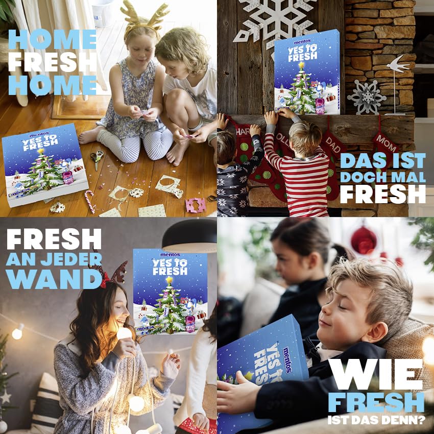 Mentos Adventskalender 2025, 24 Türchen, Mix aus Kaubonbons und Kaugummi, Süßigkeiten Weihnachts-Kalender, geeignet für Kinder und Erwachsene, 1x 451g