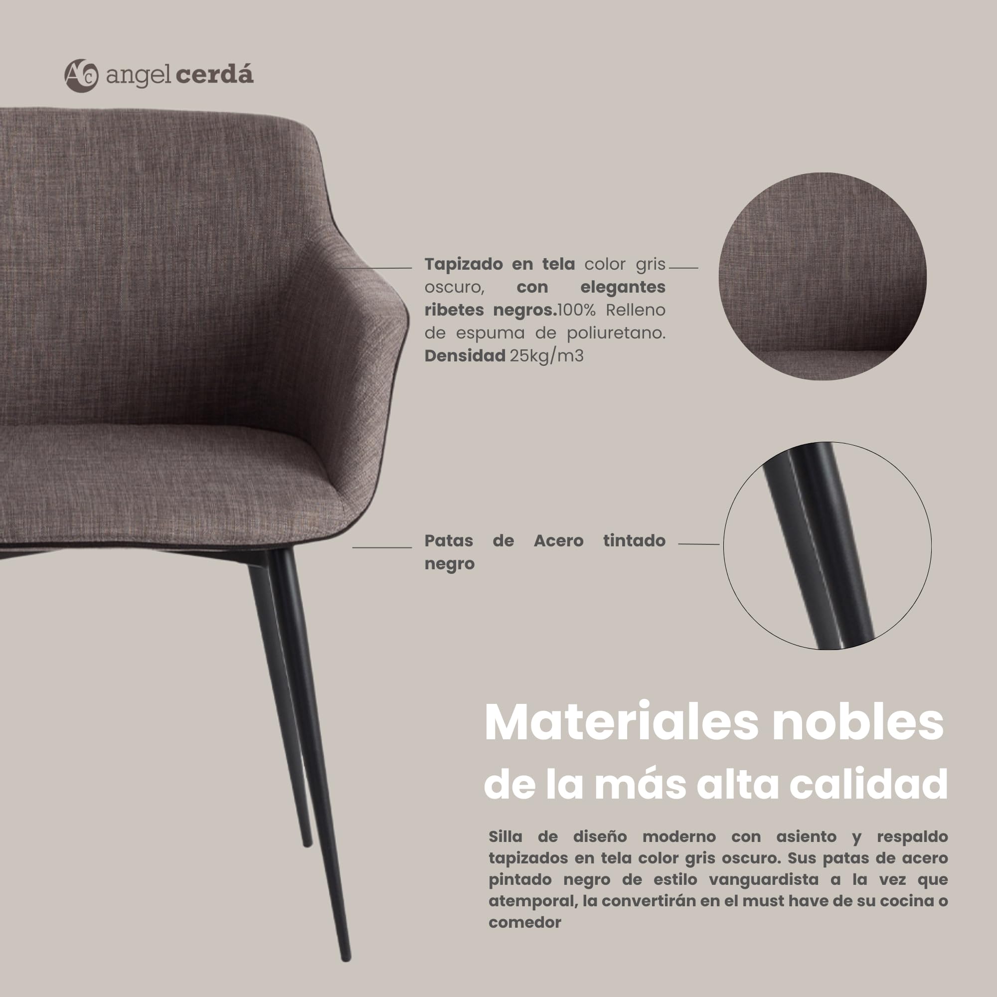 Ángel Cerdá - Silla Comedor Tapizada en Tela Gris con Ribetes Negros - Sillón de Diseño Moderno con Reposabrazos y Patas de Acero Negro - 60 x 59 x 77 cm