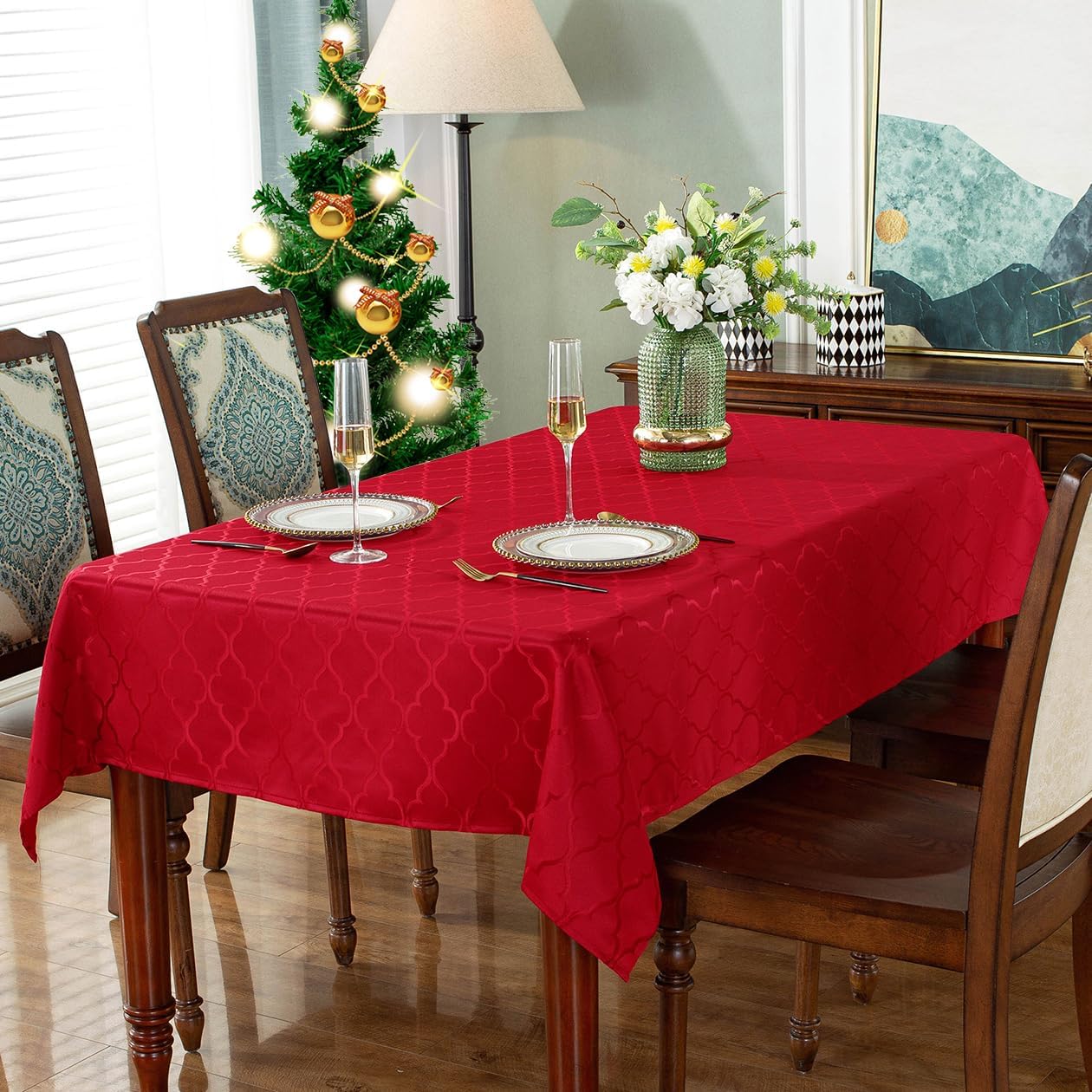 SASTYBALE Jacquard Tablecloth Flower Pattern Polyester Table Cloth Spill Proof Dust-Proof Wrinkle Resistant Table Cover for Kitchen Dining Tabletop (Red - Image 2