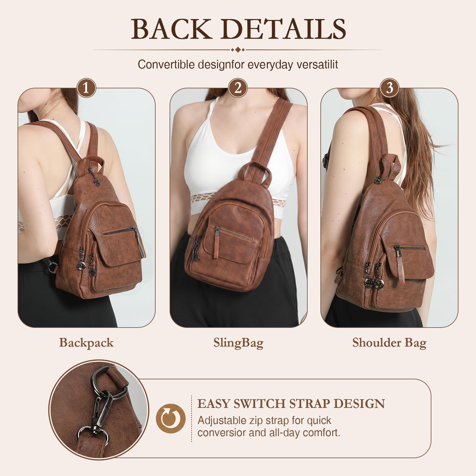 Mochila pequeña para mujer, de piel sintética, convertible