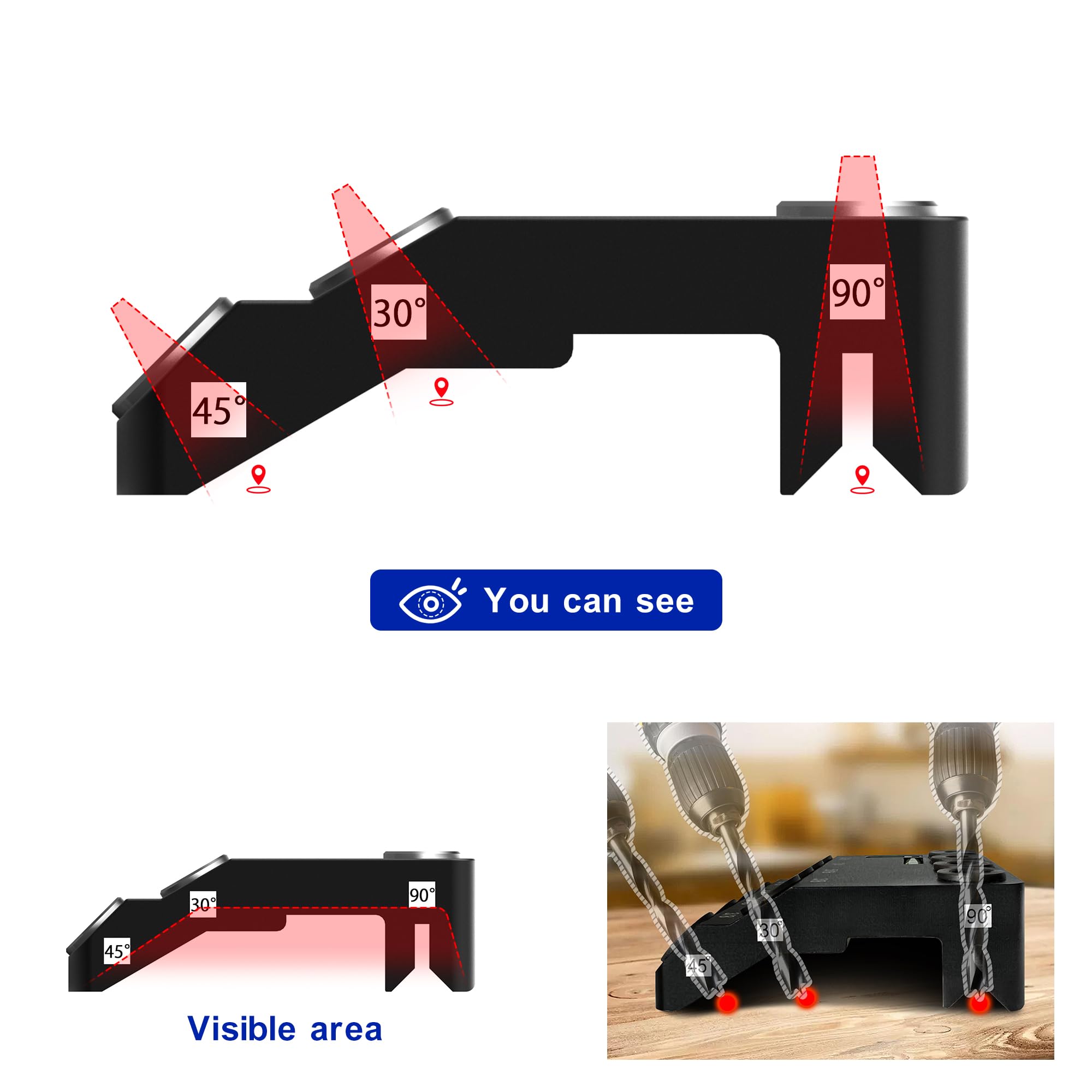 Shackcom Gabarit de Perçage d'Angle 3 en 1 de 30°/45°/90° avec 2 Niveau à Bulle Guide de Perçage Aluminium Oblique et Droit avec 4 Tailles de Trous - Noir