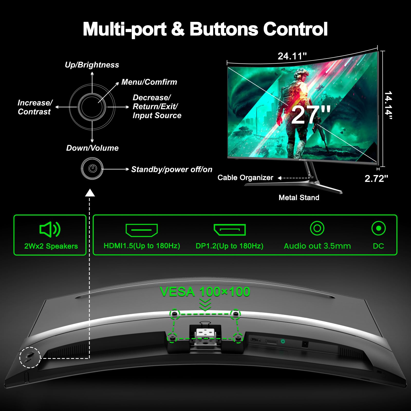 Minifire 27 Inch Gaming Monitor, 200Hz, Full HD 1920x1080 Curved VA Panel, Built in Speaker, Ai Crosshair, 1Ms MPRT, Adaptive Sync, sRGB130%, DCI-P3 95%, VESA 100x100, HDMI1.2＆DP1.4, MFG27C1 — view 9