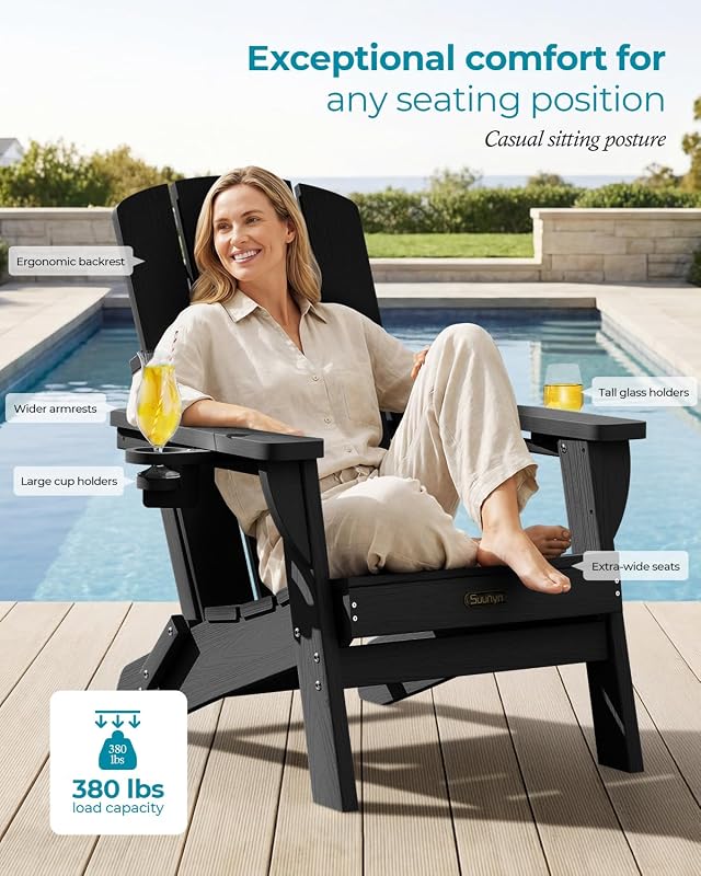 SUUNYN Folding Adirondack Chair, HDPE Adirondack Chairs with 2 Cup Holder, Plastic All-Weather Fire Pit Chairs, Outdoor Lawn Chair for Patio Garden (Black) image 3