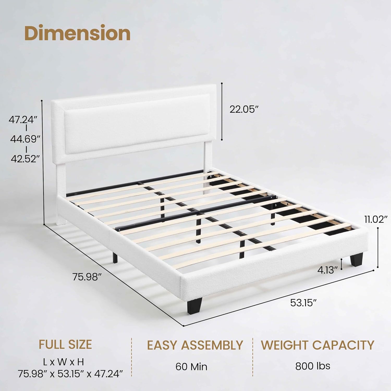 Full Size Bed Frame with Adjustable Upholstered Headboard, Modern Marshmallow Low Profile Platform Bed with Soft Boucle Fabric, Aesthetic Bed Easy Assembly, No Box Spring Needed (White)