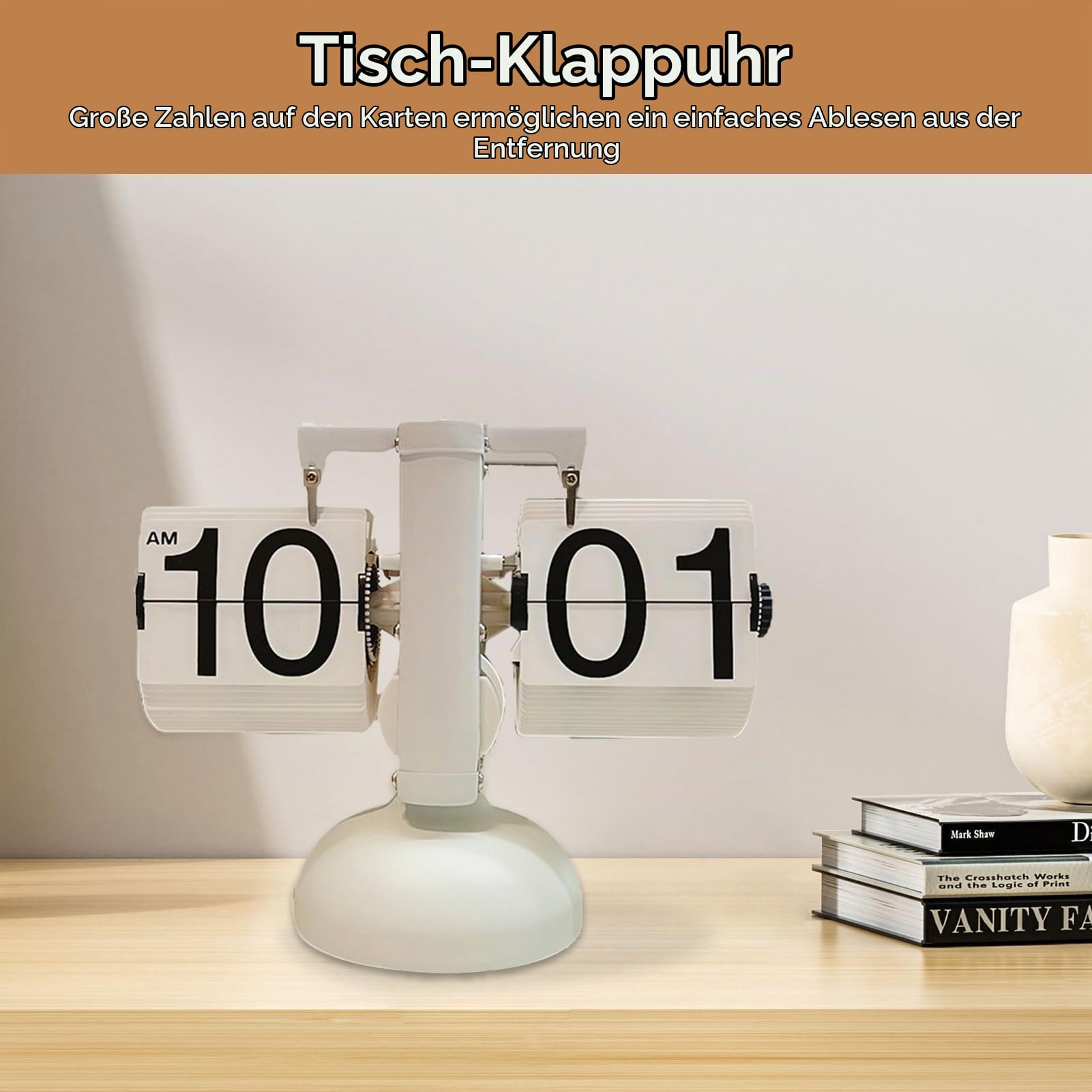 Flip Clock Retro Vintage Design Schreibtisch Uhr Tischuhr Daunenuhr genaue mechanische Tabletop Flip Clock für Wohnzimmer Studie(Weiß)