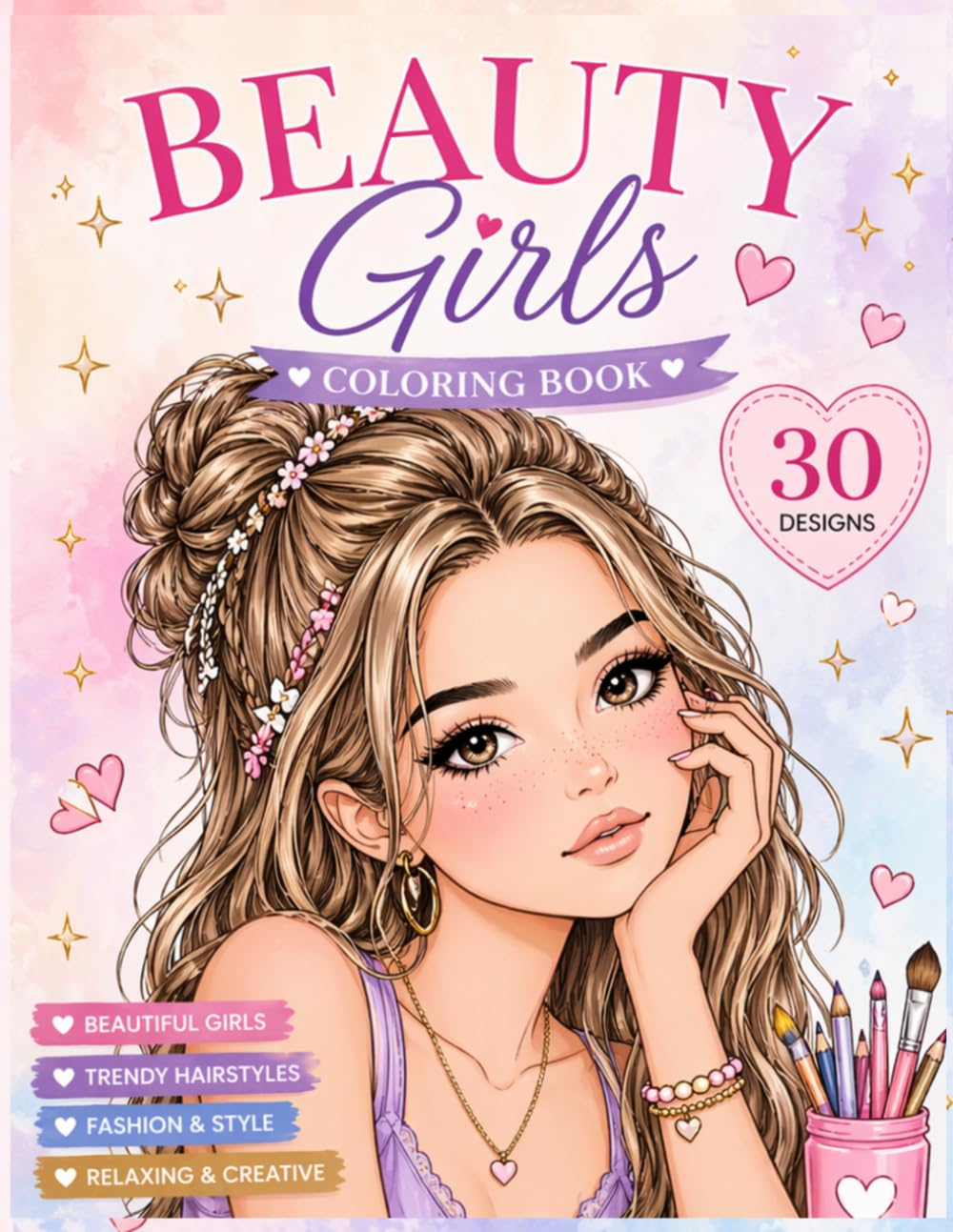Glam Girl Faces: Makeup & Styling Coloring Book for Girls (30 Diverse Beauty Faces): Fun Makeup & Style Coloring Pages for Creative Girls