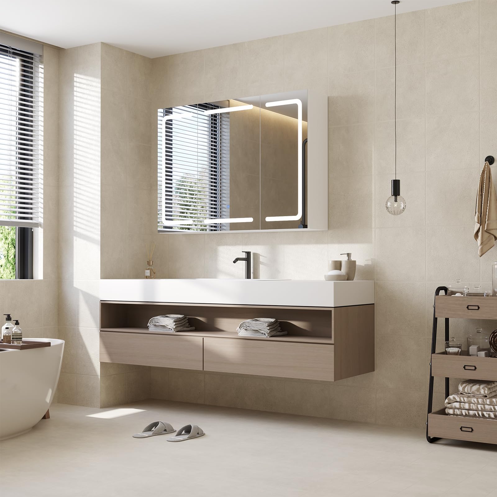 DICTAC Armoire de Toilette Miroir avec éclairage LED et Prise,Meuble Salle de Bain avec Rangement et Étagère Réglable,Armoire Murale avec 3 Portes Miroirs,Miroir Salle de Bain,80 x 60 x 16cm,Blanc