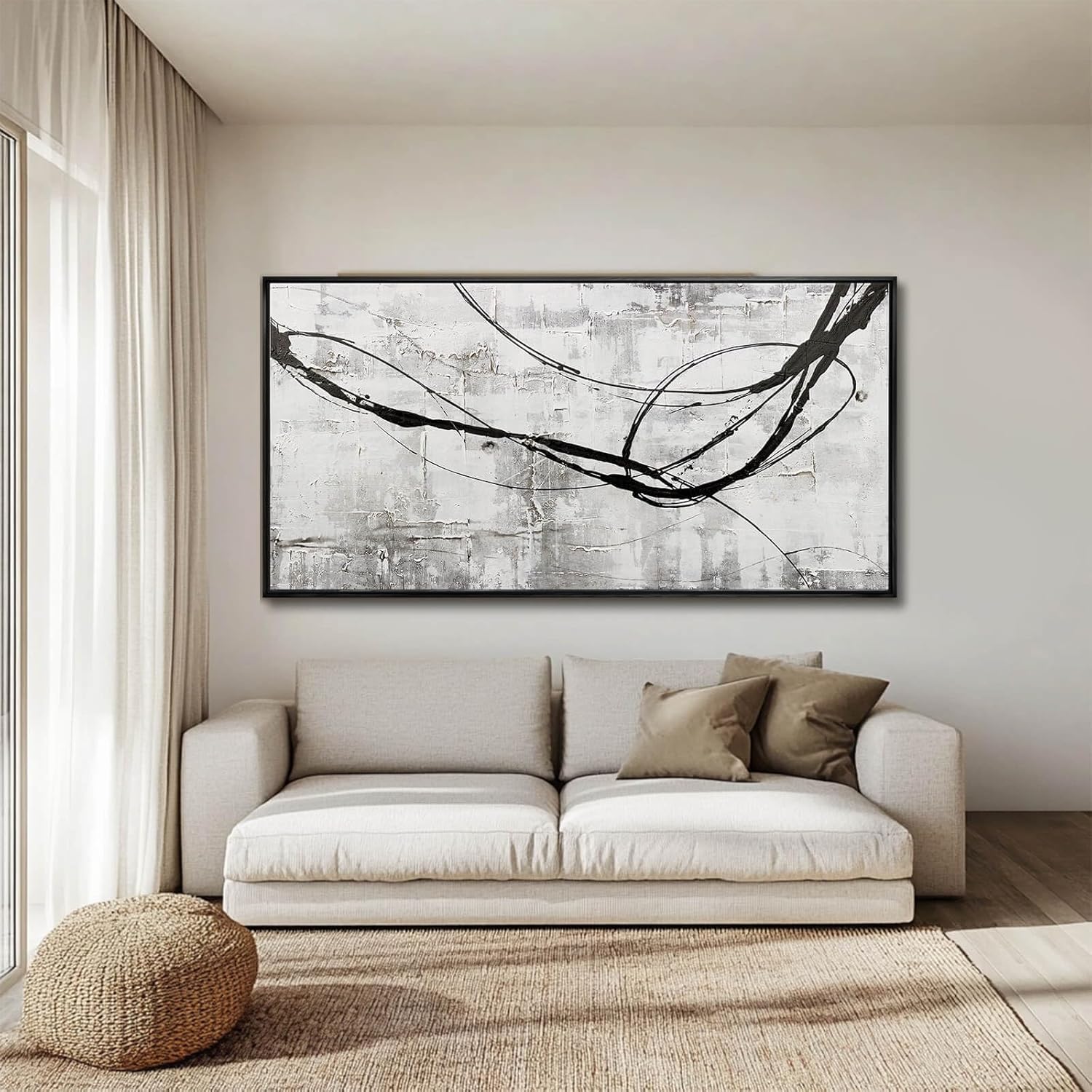 Abstract Framed Wall Art for Living Room White Pictures Canvas Black Arts Wall Decor Poster Prints Artwork for Hotel Gallery 24"x48" - Image 2