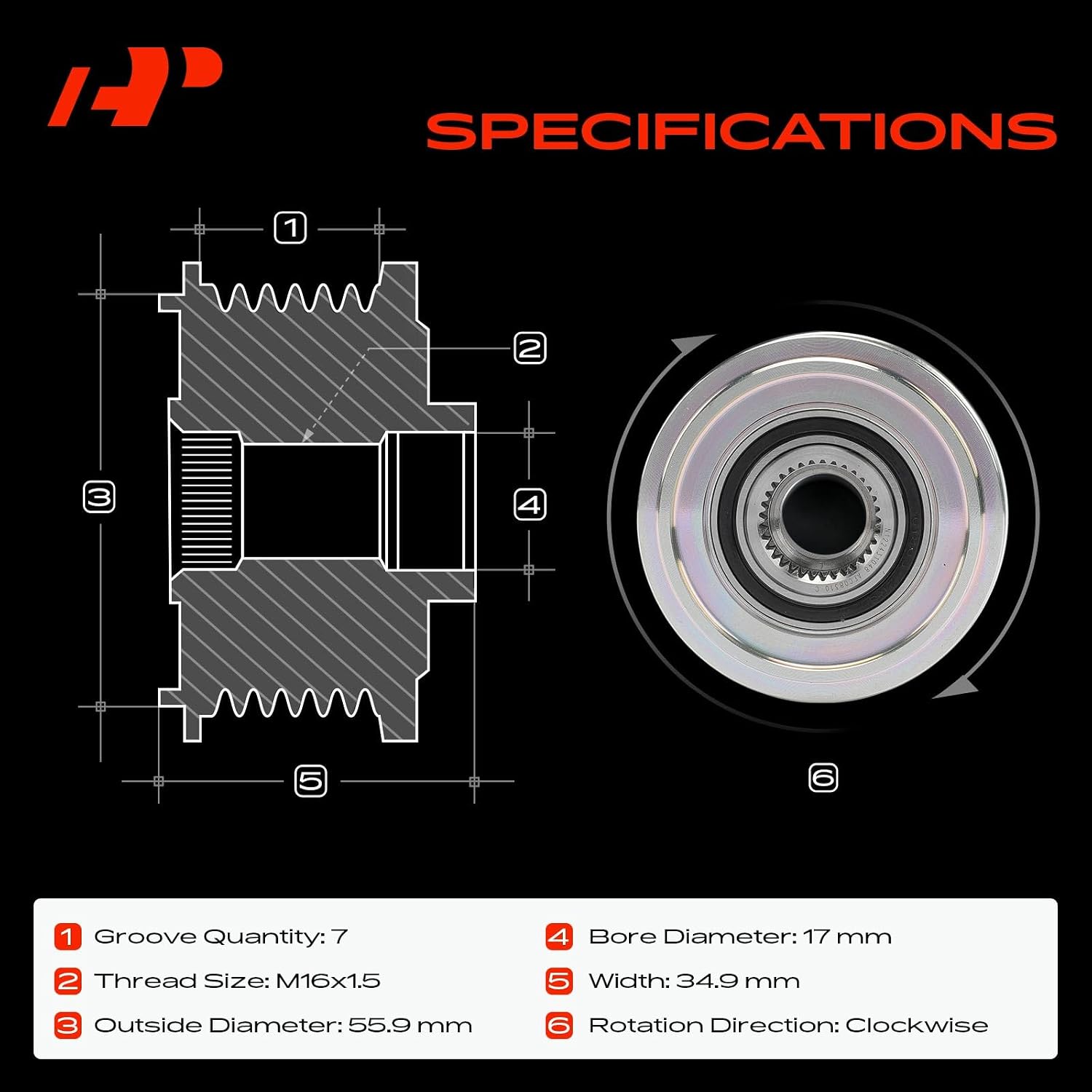 A-Premium Alternator Freewheel Clutch Pulley, 7 Grooves, Compatible with Audi Q7 2007-2010 & Porsche Cayenne 2004-2006 2008-2009, Panamera 2011-2014 & Volkswagen Touareg, 3.0L 3.2L 3.6L 4.2L, CW