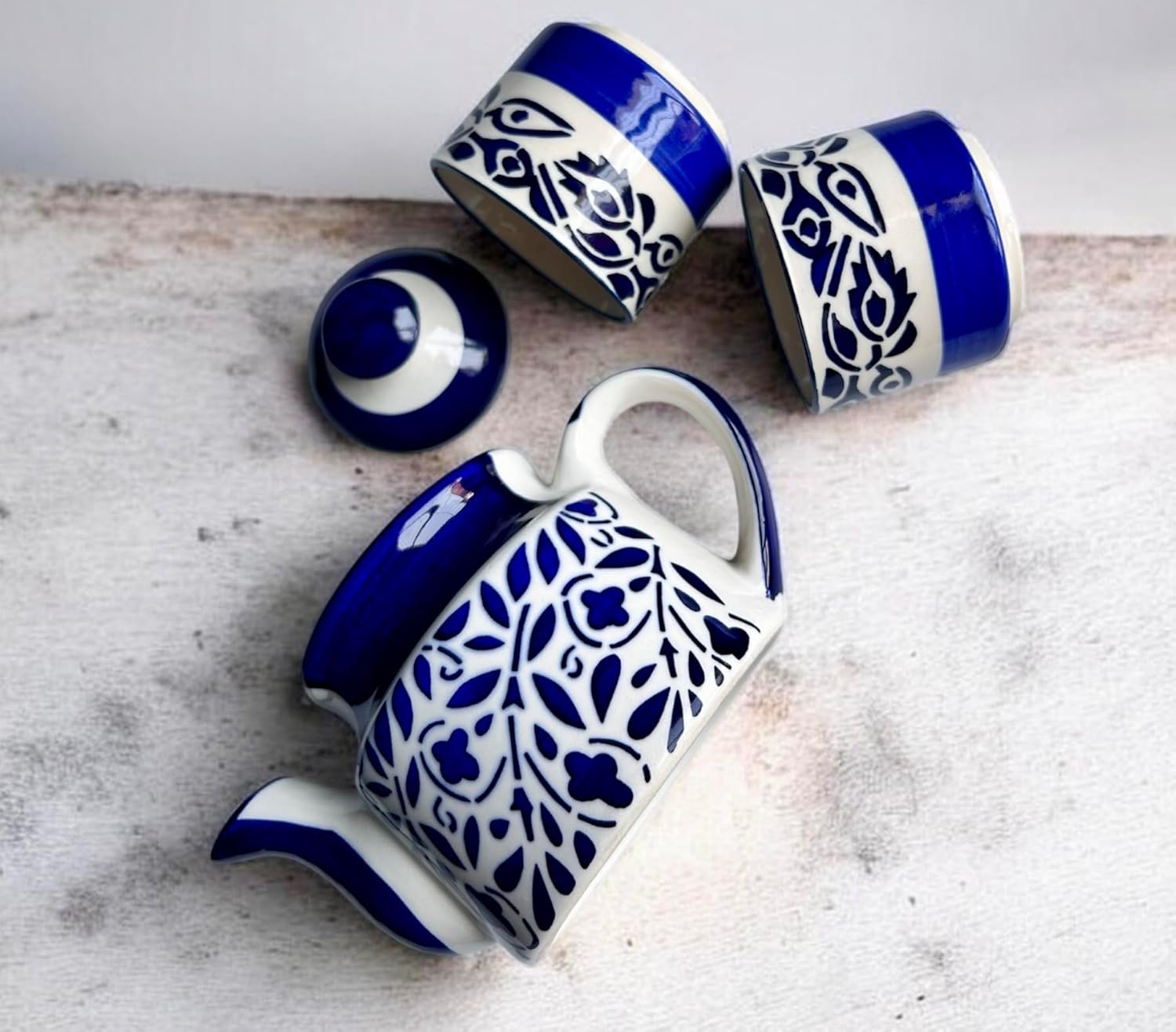 Handmade Blue and White Stoneware Tea Set with Lid, Artisan Hand-Painted Ceramic Teapot and Cups, Premium Rustic Pottery for Home Gift Farmhouse Kitchen Décor