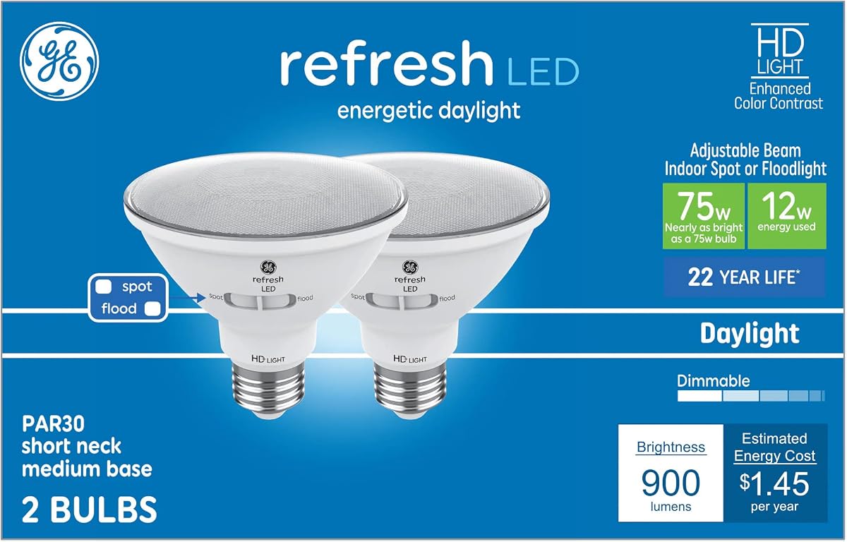 GE Refresh HD 75-Watt EQ LED Par30 Short Neck Daylight Adjustable Beam Spot or Floodlight Light Bulb (2-Pack)