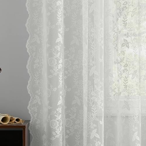 Miniatura 4 de FINECITY Cortinas de encaje de 84 pulgadas de largo, cortinas de encaje marfil con estampado floral de hojas de rama rústica para sala de estar,