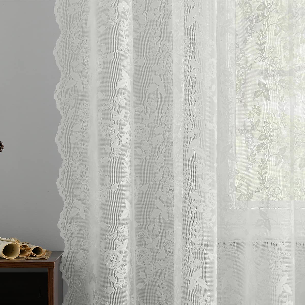 FINECITY Tende in pizzo, lunghe 274 cm, stile vintage country floreale, tende in pizzo trasparente per soggiorno, con tasca per asta, tende per finestra, 132 x 274 cm, set di 2 pannelli, avorio/crema