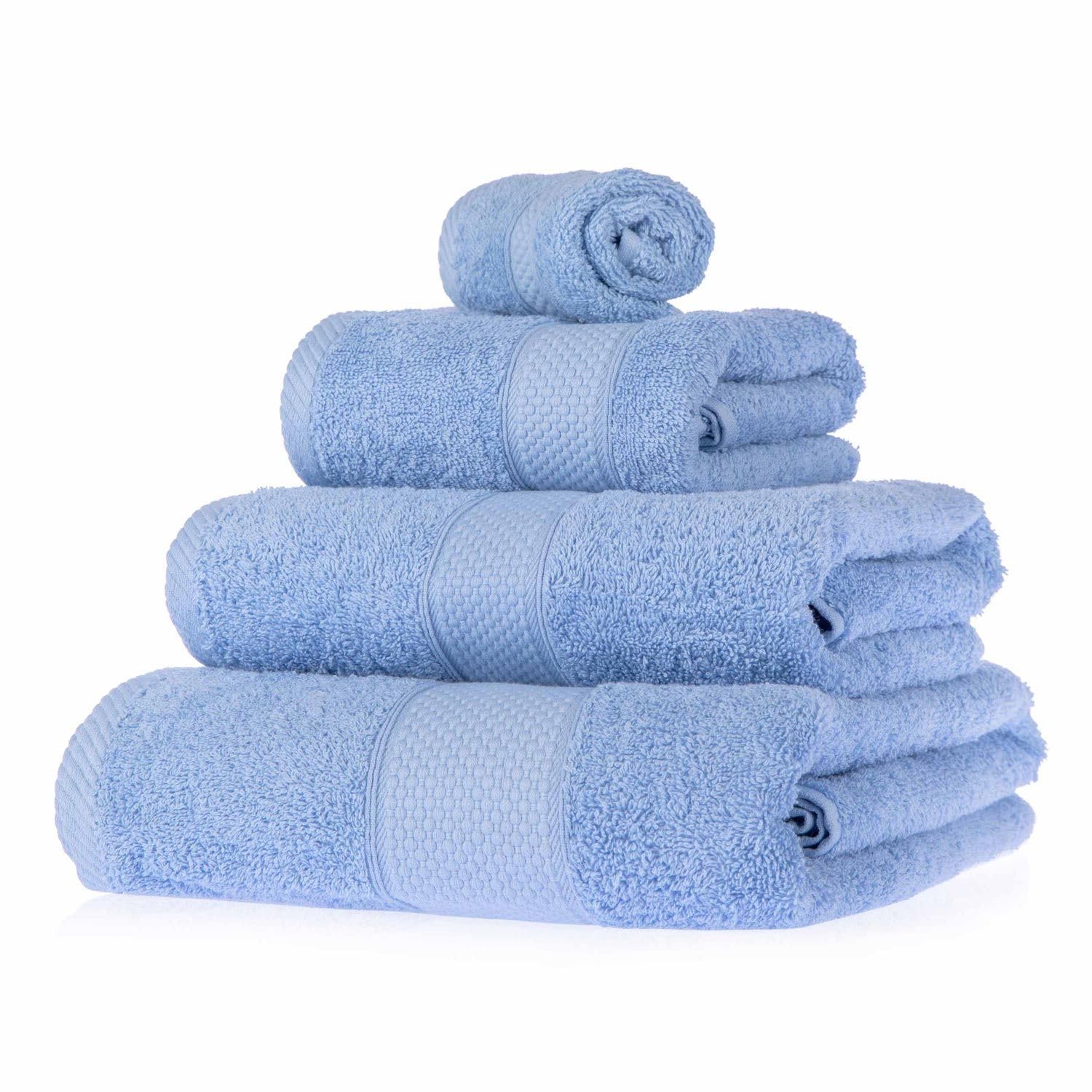 HOMESCAPES Light Blue Turkish Cotton 4 Piece Towel Set Soft & Absorbent 500 GSM Heavyweight Face Cloth, Hand Towel, Bath Towel & Bath Sheet Towel Bale