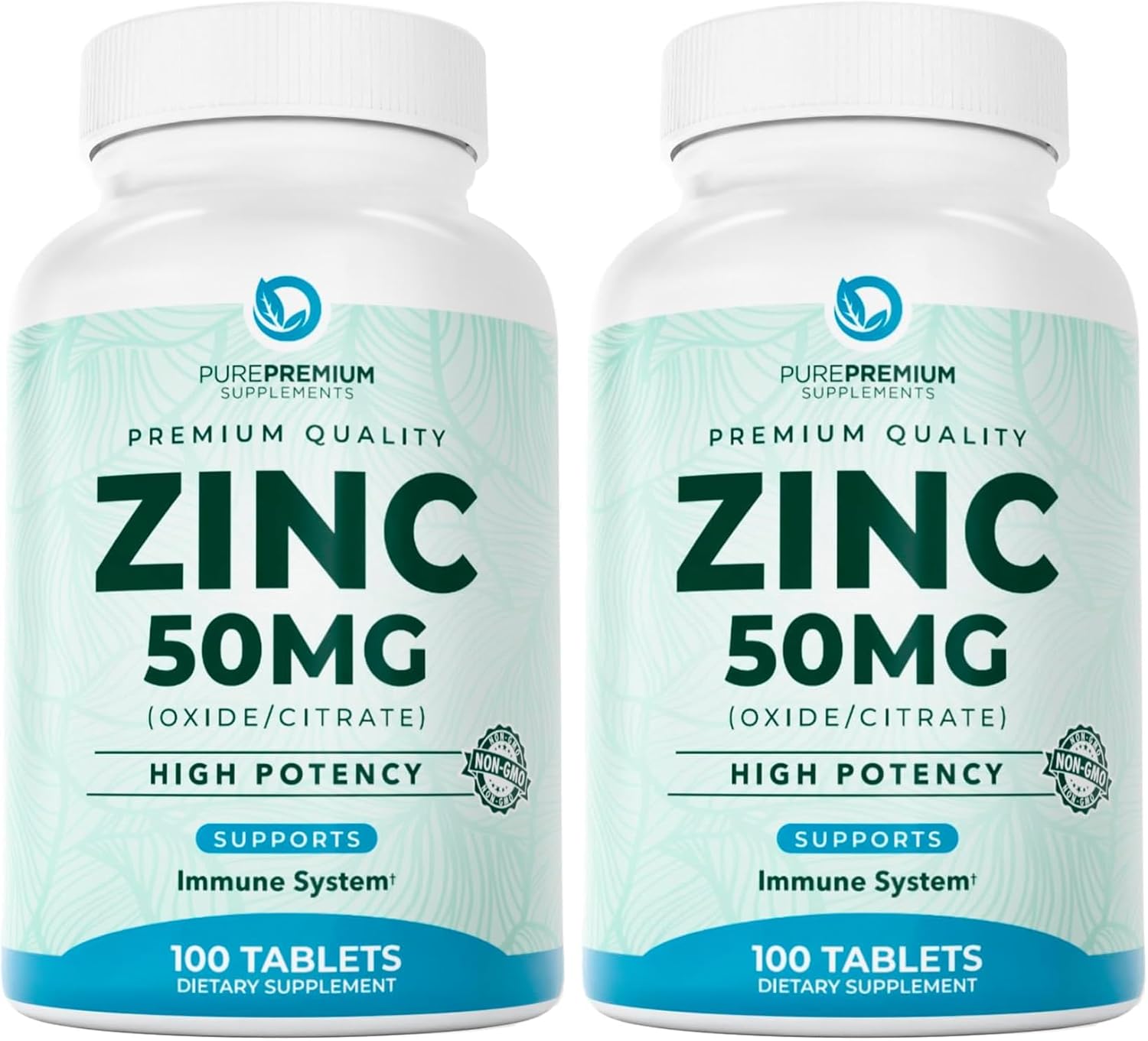 PurePremium Natural Zinc 50mg Supplements for Men/Women - GMP-Certified High Potency Vitamin Zinc Citrate/Oxide for Adults, Immune Antioxidant, Energy Support - 100 Tablets (Pack of 2)