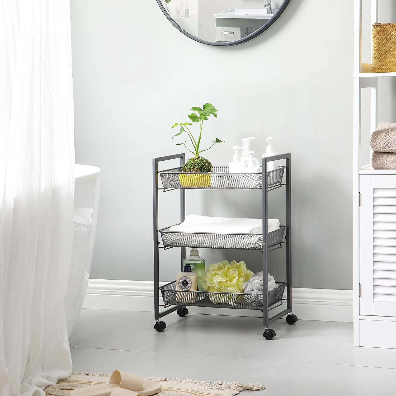 SONGMICS Rolling Cart, 3-Tier Serving Trolley with Wire Baskets, Space Saving, Easy Assembly, for Kitchen, Bathroom, Living Room, Gray UBSC061G01