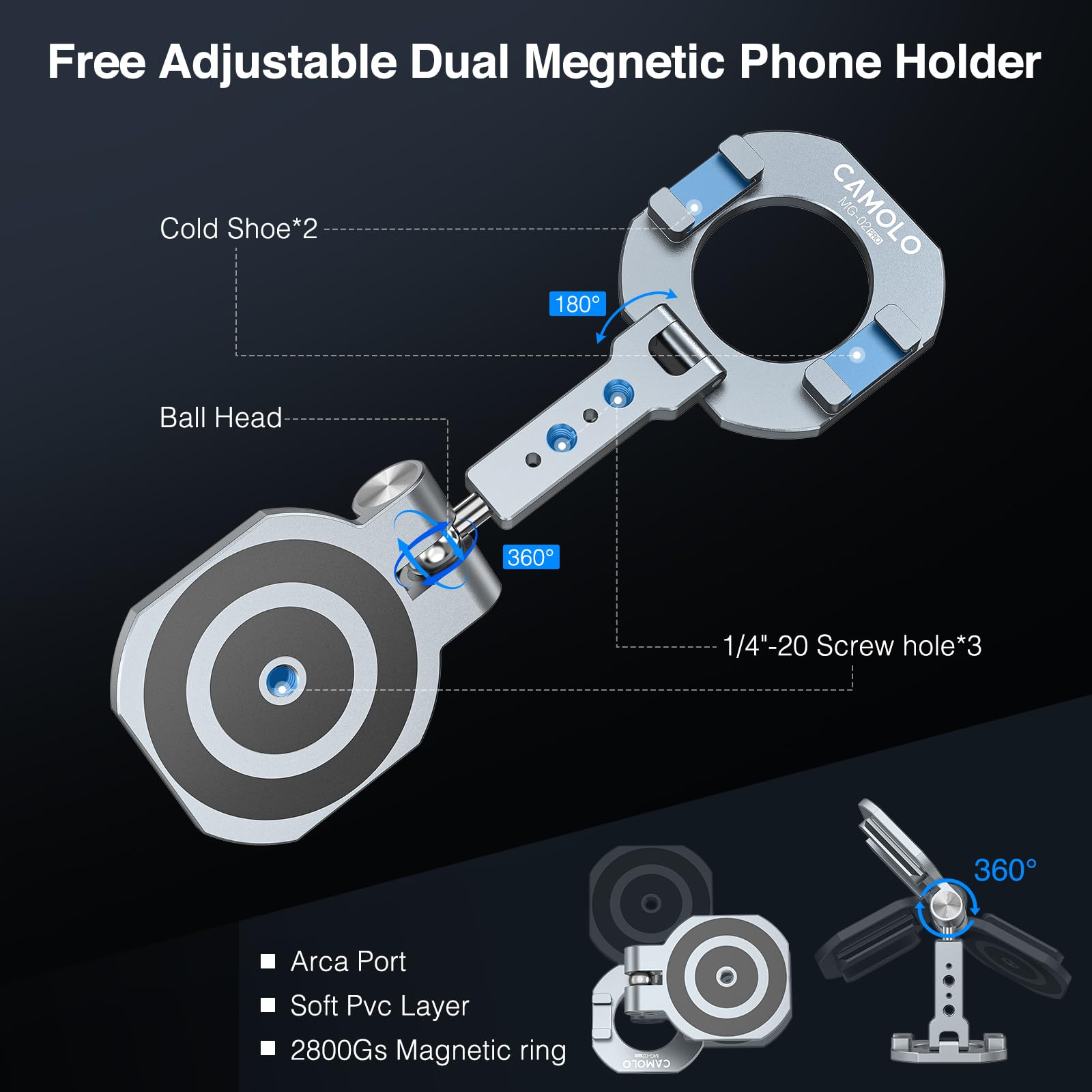 Soporte magnético dual para teléfono compatible con Magsafe para iPhone 16, 15, 14, 13, 12 Pro Max Plus, MG-02 Pro 1/10.2 cm-20, soporte magnético para teléfono de viaje