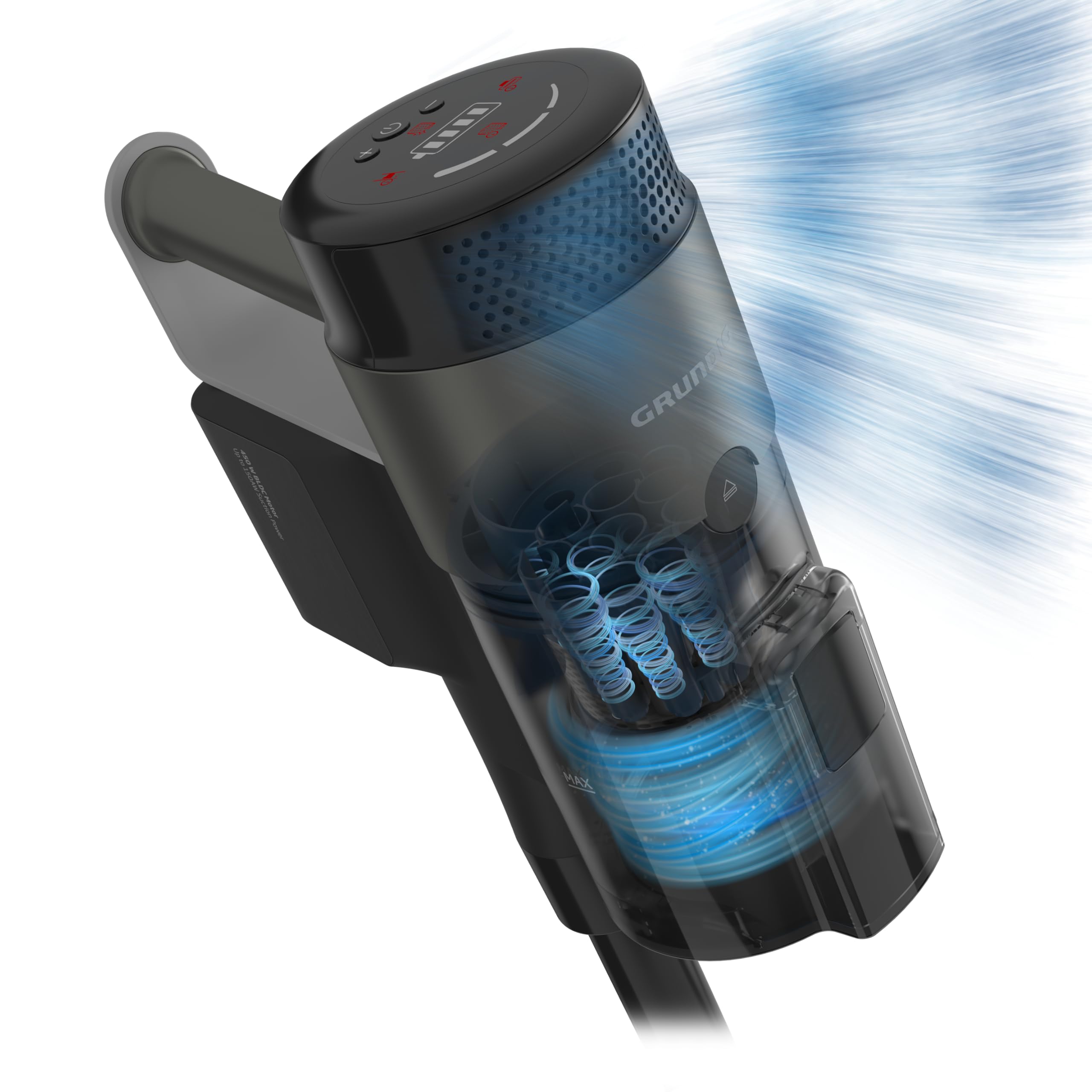 GRUNDIG VCP 9431 Pro 2-in-1-Akkusauger, HyperClean, CyclonStorm-Technologie, knickbares Rohr, 3 Saugkraftstufen, 450 W Motor, 500 ml Staubbehälter, bis zu 60 Minuten Laufzeit, Silber-Schwarz