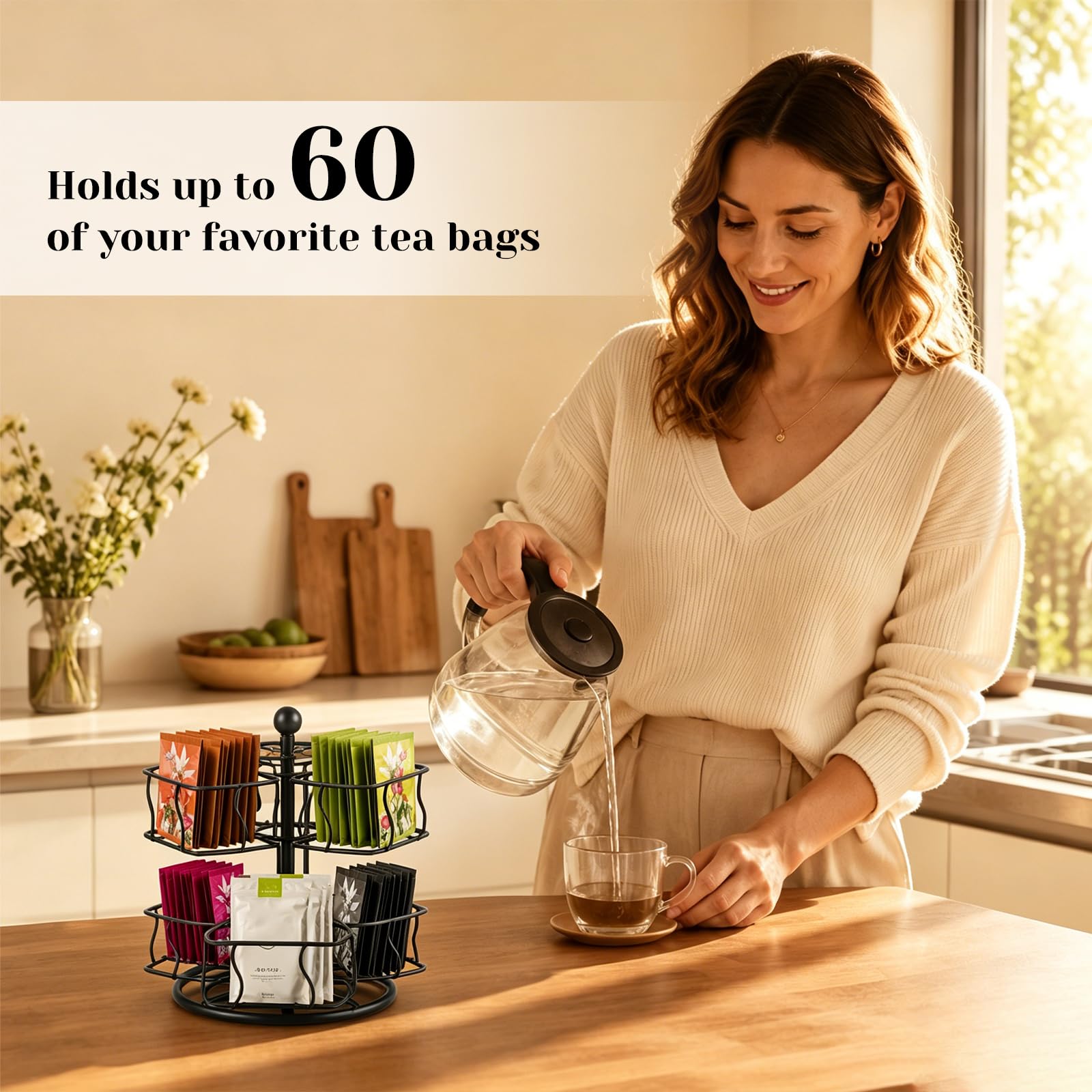 Organisateur Rotatif pour sachets de thé à 2 Niveaux, boîte à thé en métal avec 8 Compartiments, étagère de Rangement Polyvalente pour Le Bureau et Le Salon