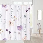 Purple Floral Shower Curtain, Flower Bath Curtain for Bathroom, Modern Minimalist White Bathroom Curtain, Long Shower Curtain, Mildew Resistant, Weighted Hem, Fabric with 12 Hooks 72''x72''