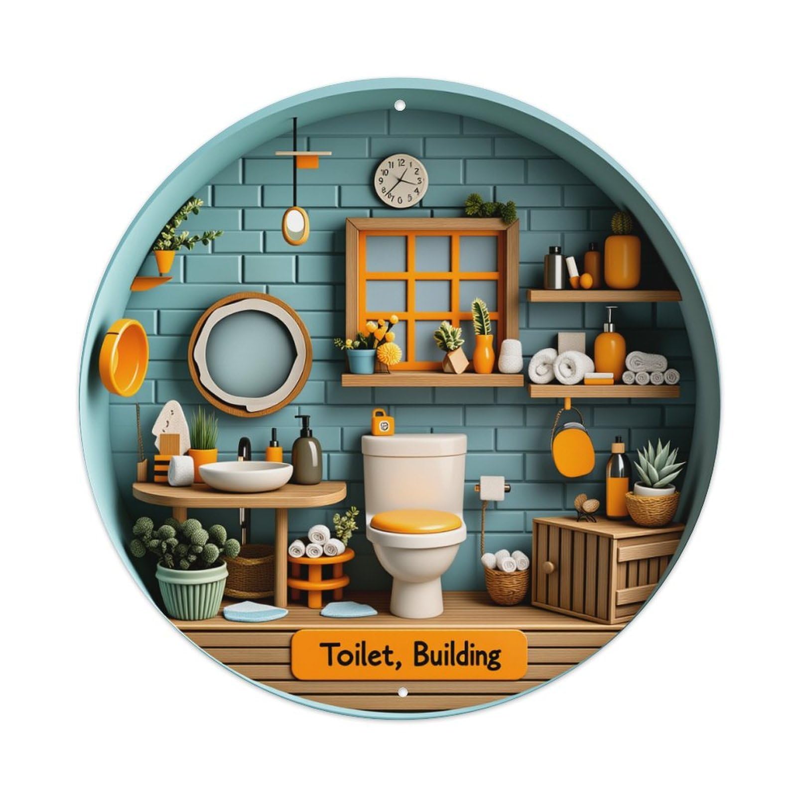 Wmlzdnwr Vintage Modern Bathroom Design With Wooden Accents And Green Plants Round Tin Sign,Retro Wall Art,Metal Poster For Home, Bar, Garage, Cafe, Rustic Indoor & Outdoor Decor, 8X8 Inches