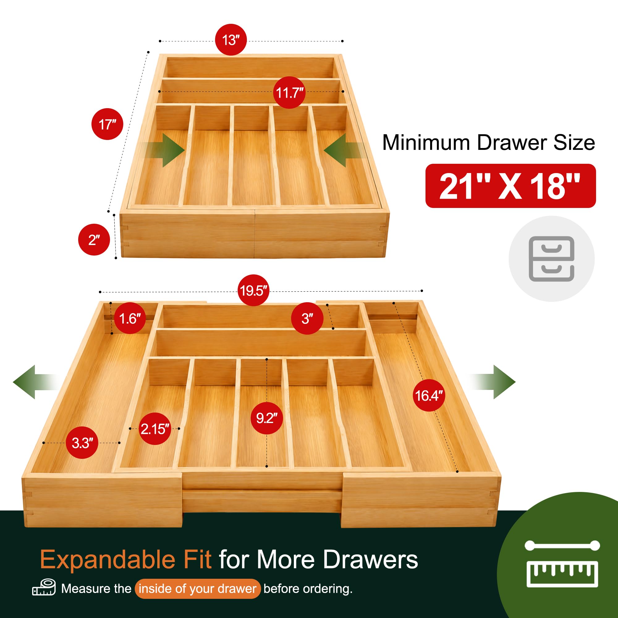 Großer Premium-Besteck-Organizer aus Bambus – erweiterbarer Schubladen-Organizer und Utensilien-Organizer – 43,2 x 50 cm Besteckkasten mit Trennwänden für Küchenutensilien und Besteck (7–9