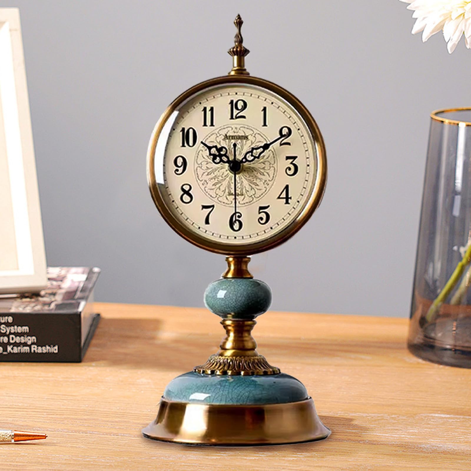 Vintage Tischuhr, Vintage Messing Standuhr, Antike Metall Schreibtischuhr batteriebetrieben, Antike Stille Uhr, Tischuhr aus Messing für Wohnzimmer, Regal, Kamin, Büro