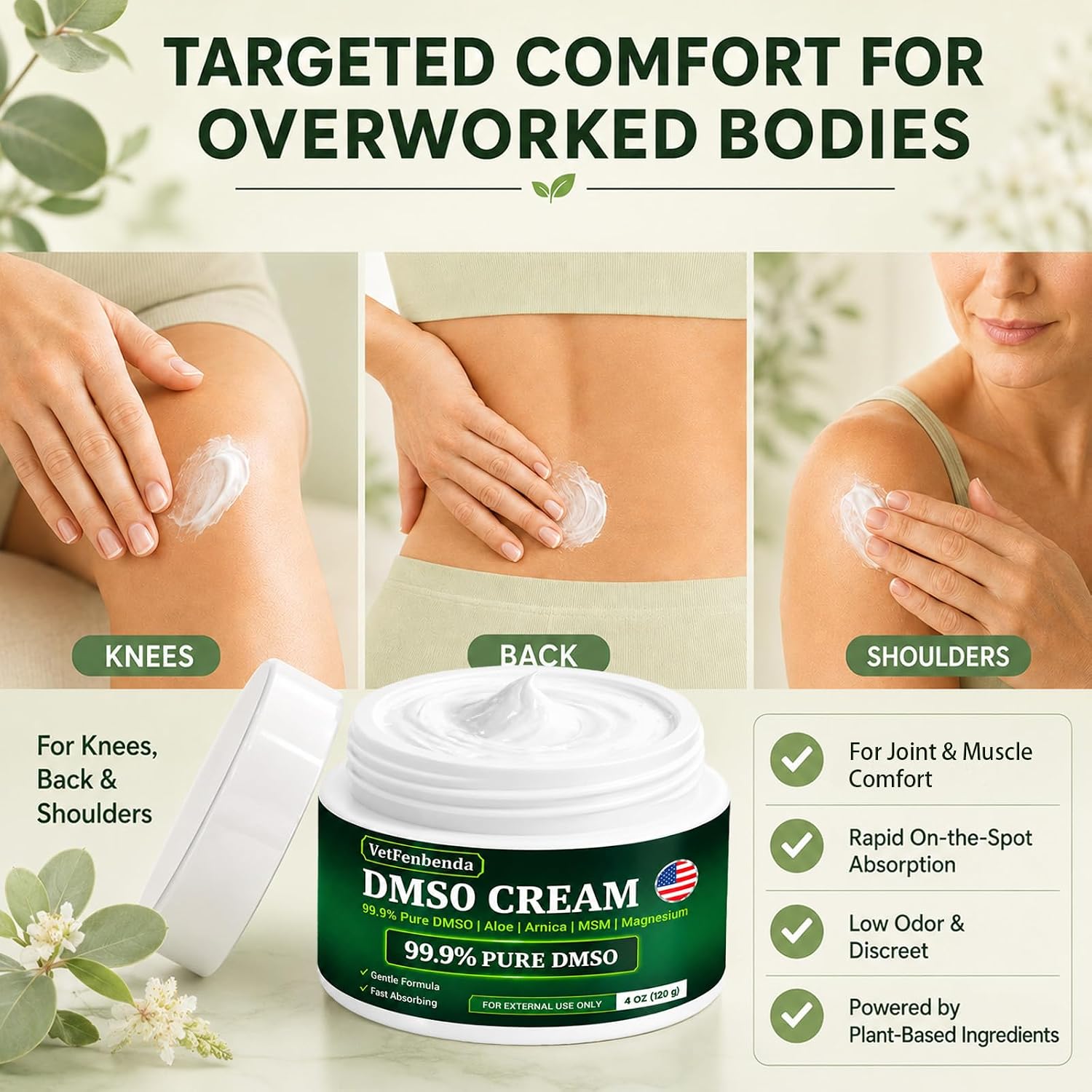 DM-SO Cream, 99% Pure DMS0 Cream - for Joint & Muscle Comfort, with Arnica, Magnesium, MSM, Turmeric & Frankincense, Low Odor, Non-Greasy 4 oz