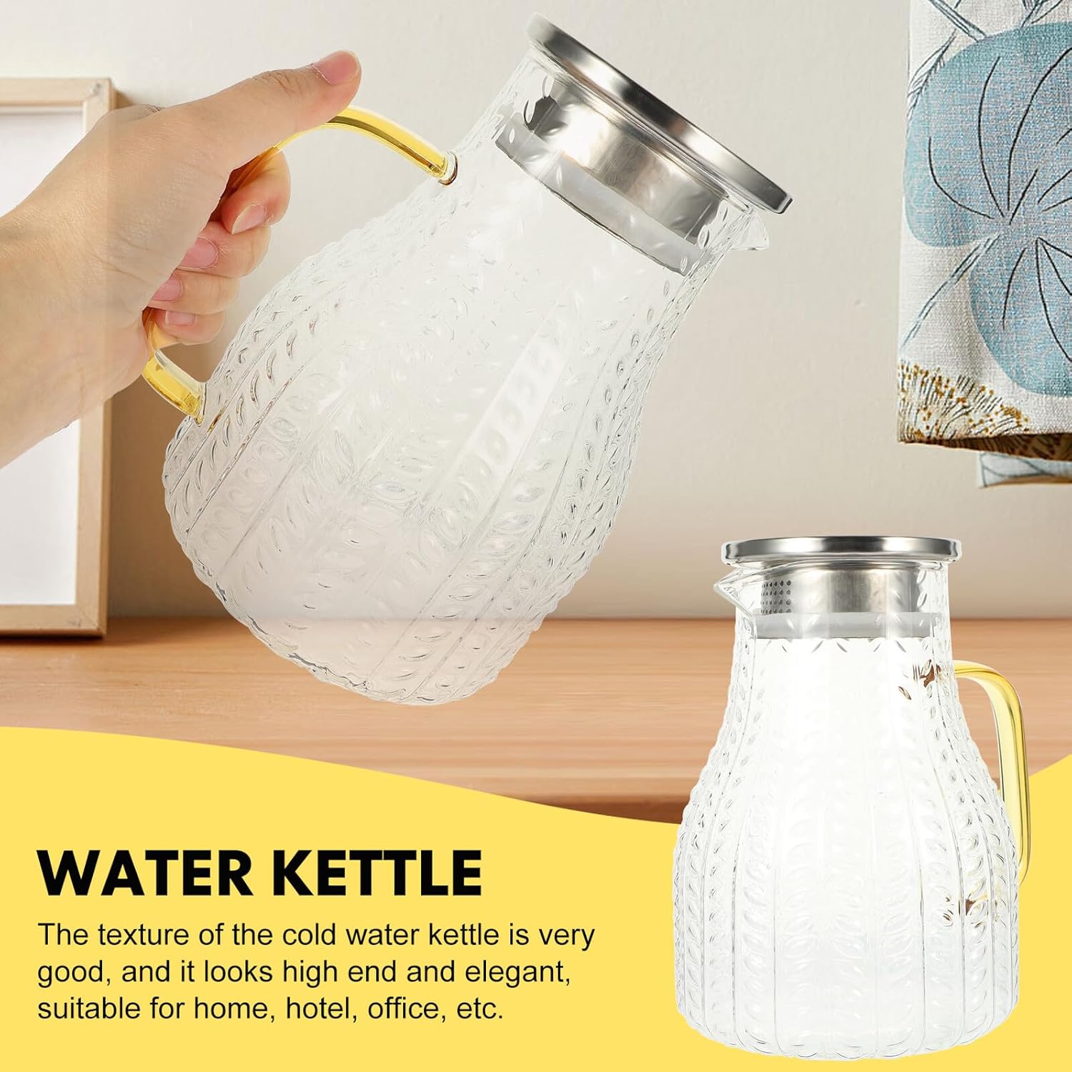 minkissy Glass Cold Water Pitcher 1500ml Large Capacity with Stainless Steel Lid, Leak-proof Beverage Jug for Household Use, Refrigerator Water Container for Iced Drinks and Juice