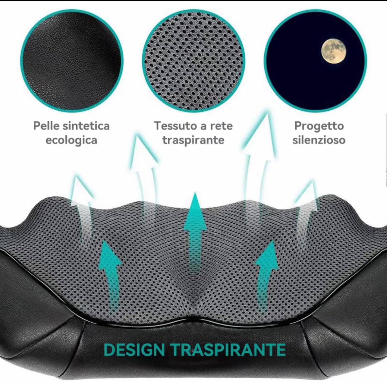 Massaggiatore Cervicale e Spalle con Calore – Shiatsu, Design Antirumore, Tessuto Traspirante, Pelle Sintetica Ecologica, Funzione Riscaldante, Portatile per Casa, Ufficio e Auto