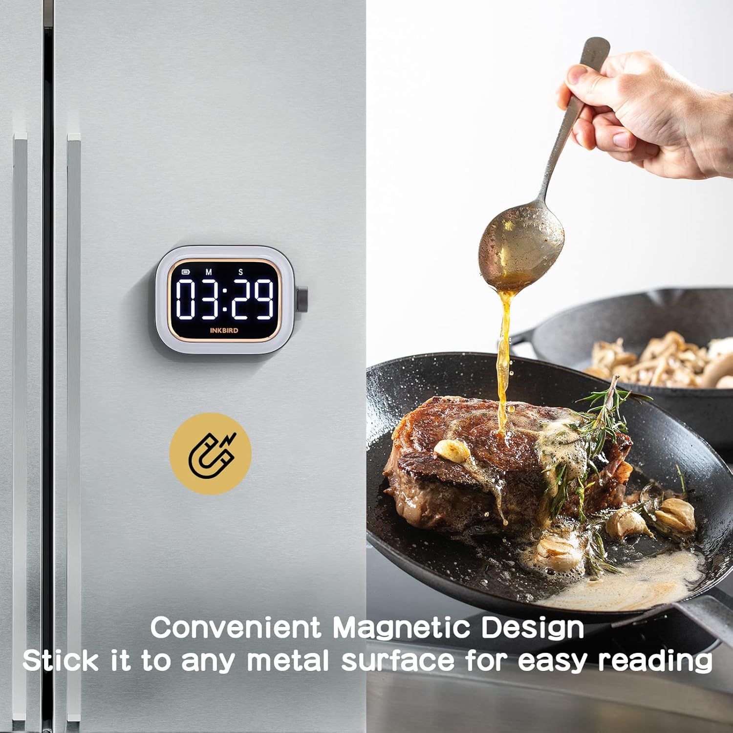 INKBIRD timer magnetically attached to a refrigerator door next to a cooking scene.