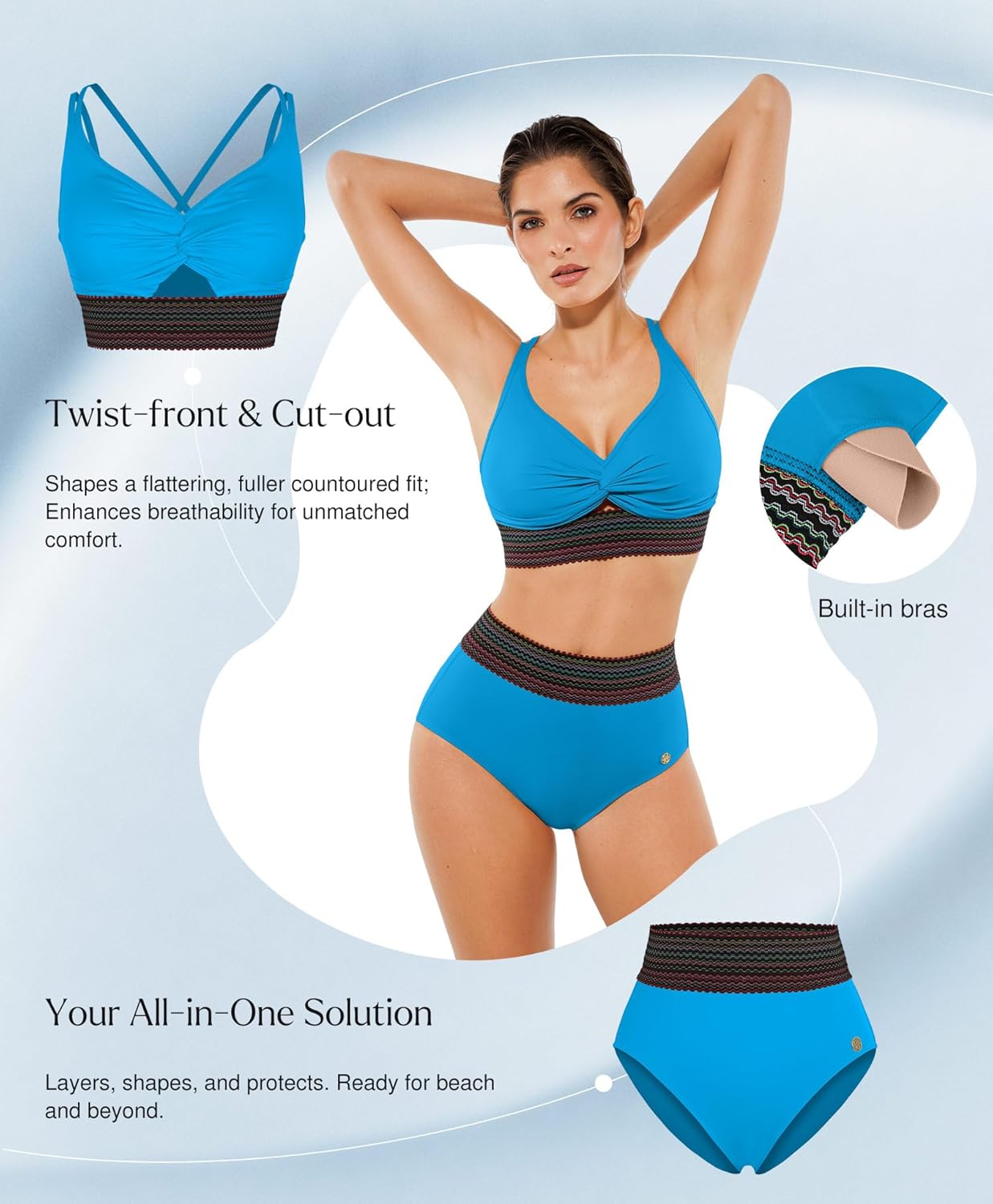 Popilush Tummy Control Swimsuits for Women - High Waisted Bikini Sets Shapewear with Boho Trim 4 Way Wear Pool and Beach - Image 3