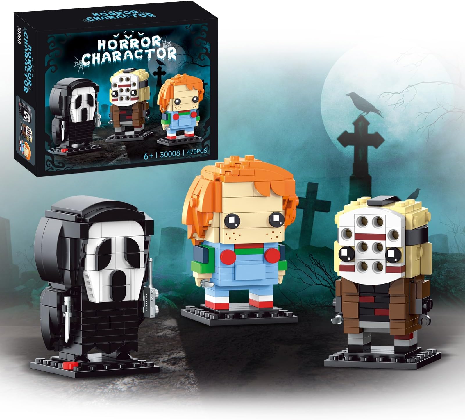 Christmas Halloween Action Figure Building Set Compatible with Lego for Adults,Chucky,Jason Horror Present for Fan,Home Decor,for Kids Toys 470 pcs