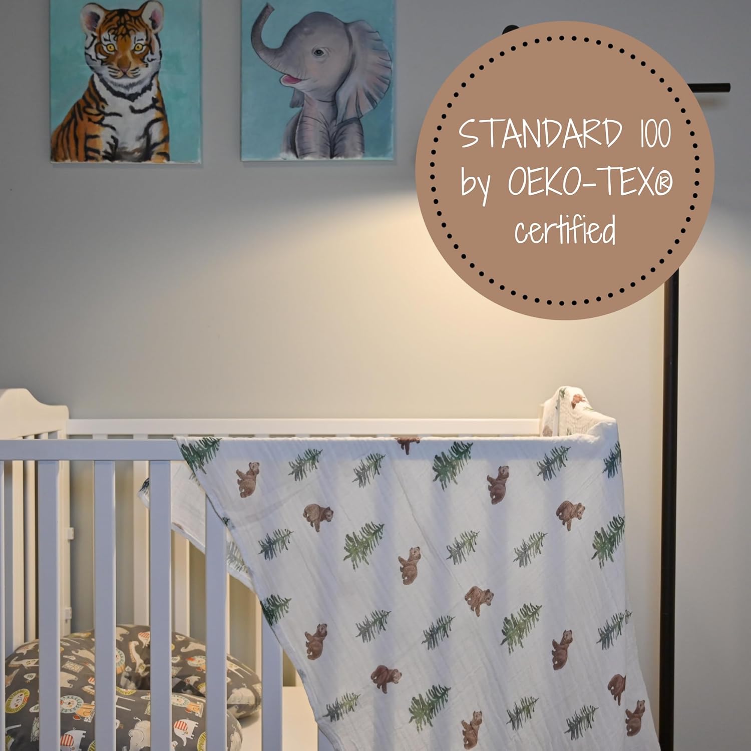 Baby Bear and Pine Tree Cotton Muslin Swaddle Blanket, 47" x 47"