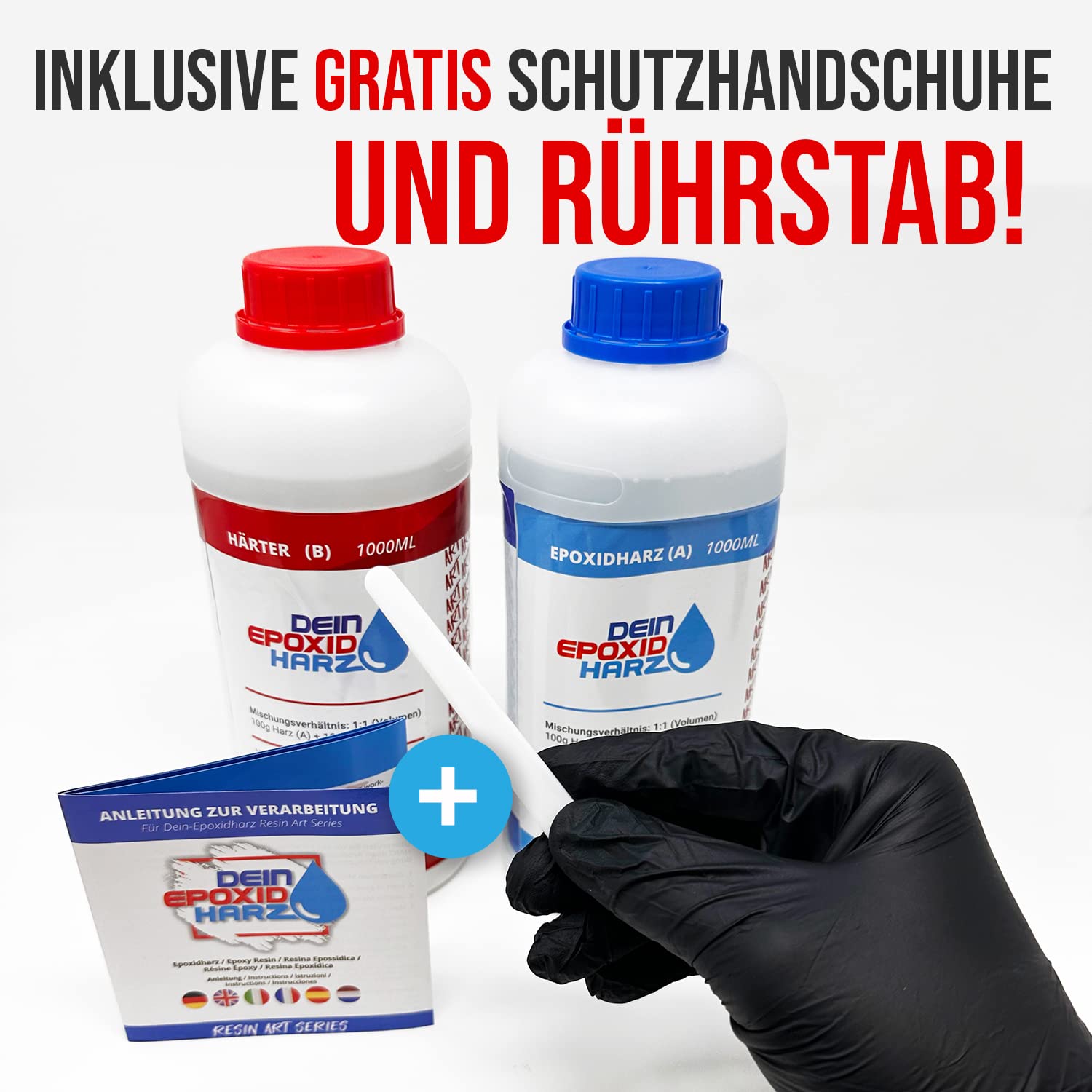 Epoxidharz mit Härter - RESIN ART | 1:1 Formel | 2000ml | Kristallklar, UV-Schutz, Mittelviskos | im Set mit Handschuhe + Rührstab