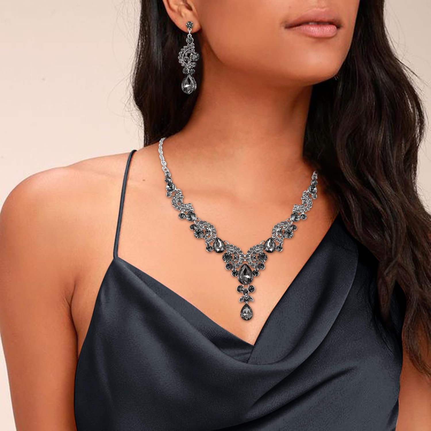 EVER FAITH Rhinestone Crystal Bridal Floral Wave Teardrop Necklace Earrings Set - Image 2