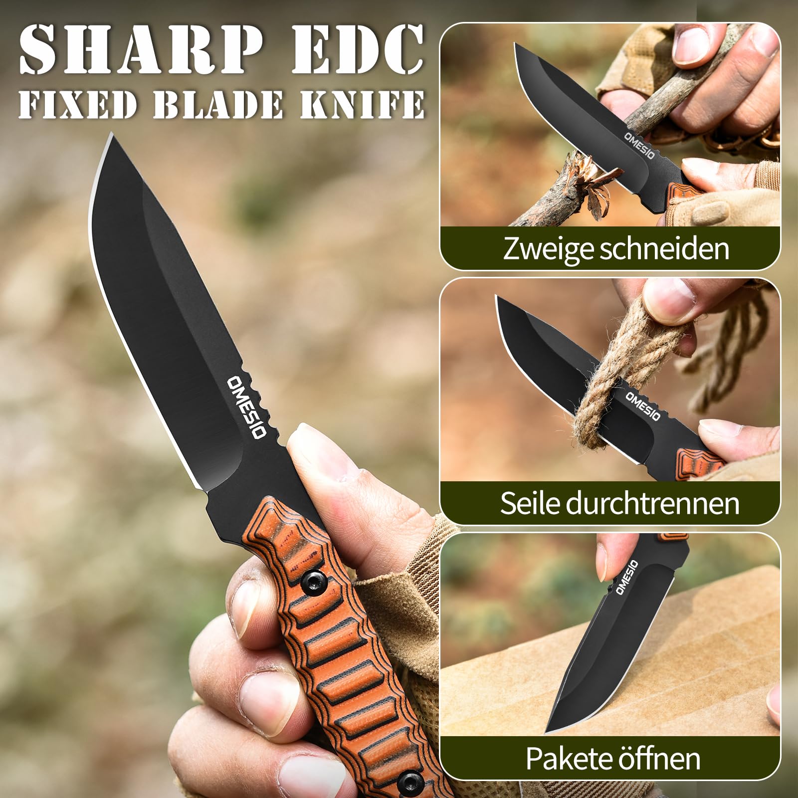 Omesio Outdoor Messer Survival M-FT15, D2 Stahl Full Tang mit Kydex Scheide Gürtelmesser, 9 cm Klingenlänge Kleines Jagdmesser, Schwarzer Klinge + Orange G10-Griff Zweifarbig für Angeln Geschenk