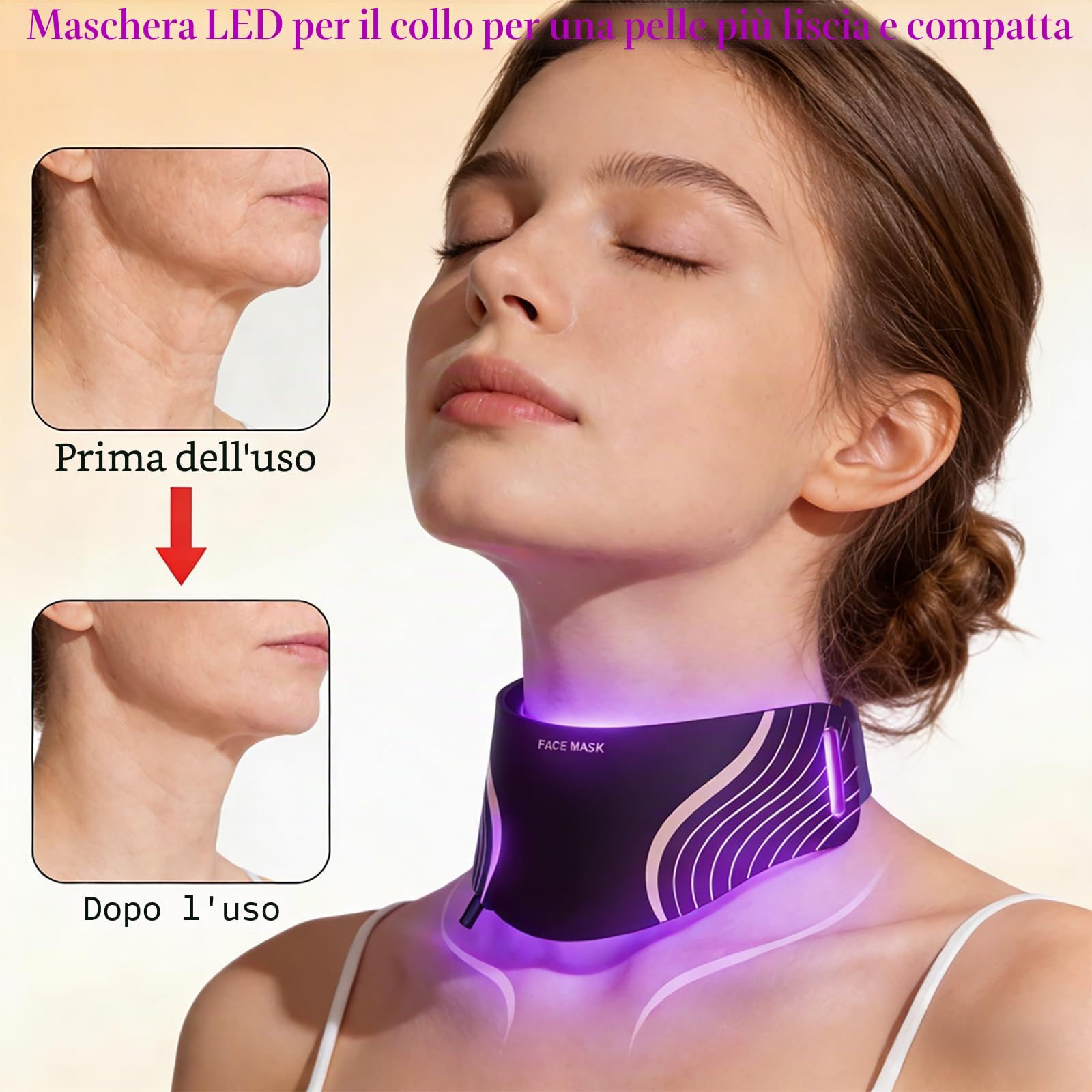 Maschera a LED per viso e collo, 7 colori, dispositivo di bellezza rosso e a infrarossi, 309 LED 3 in 1, 5 livelli di intensità, timer automatico, telecomando cablato, maschera per la cura