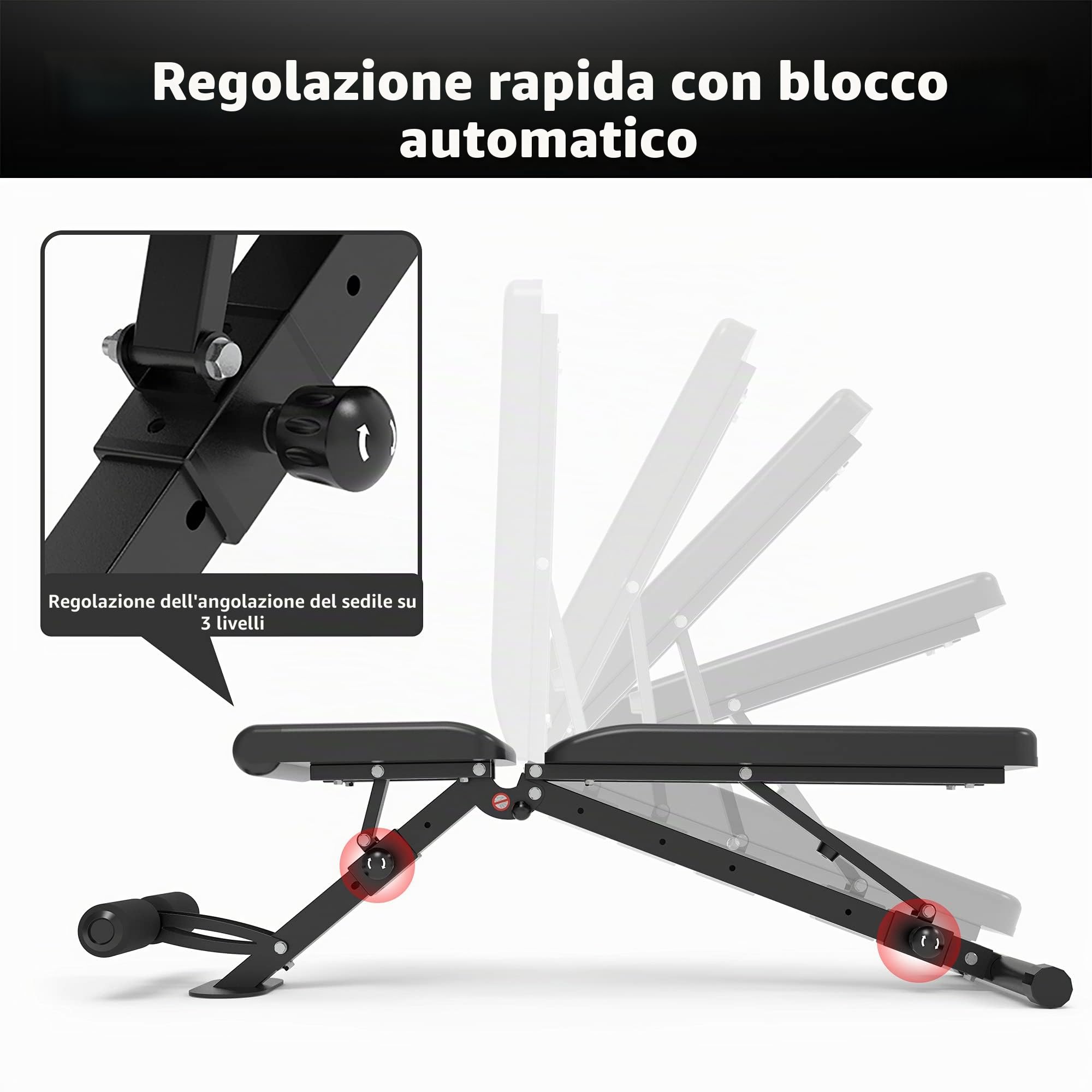 leikefitness Panca per pesi regolabile, pieghevole, con blocco automatico, per esercizi di inclinazione verticale e per esercizi a corpo piatto