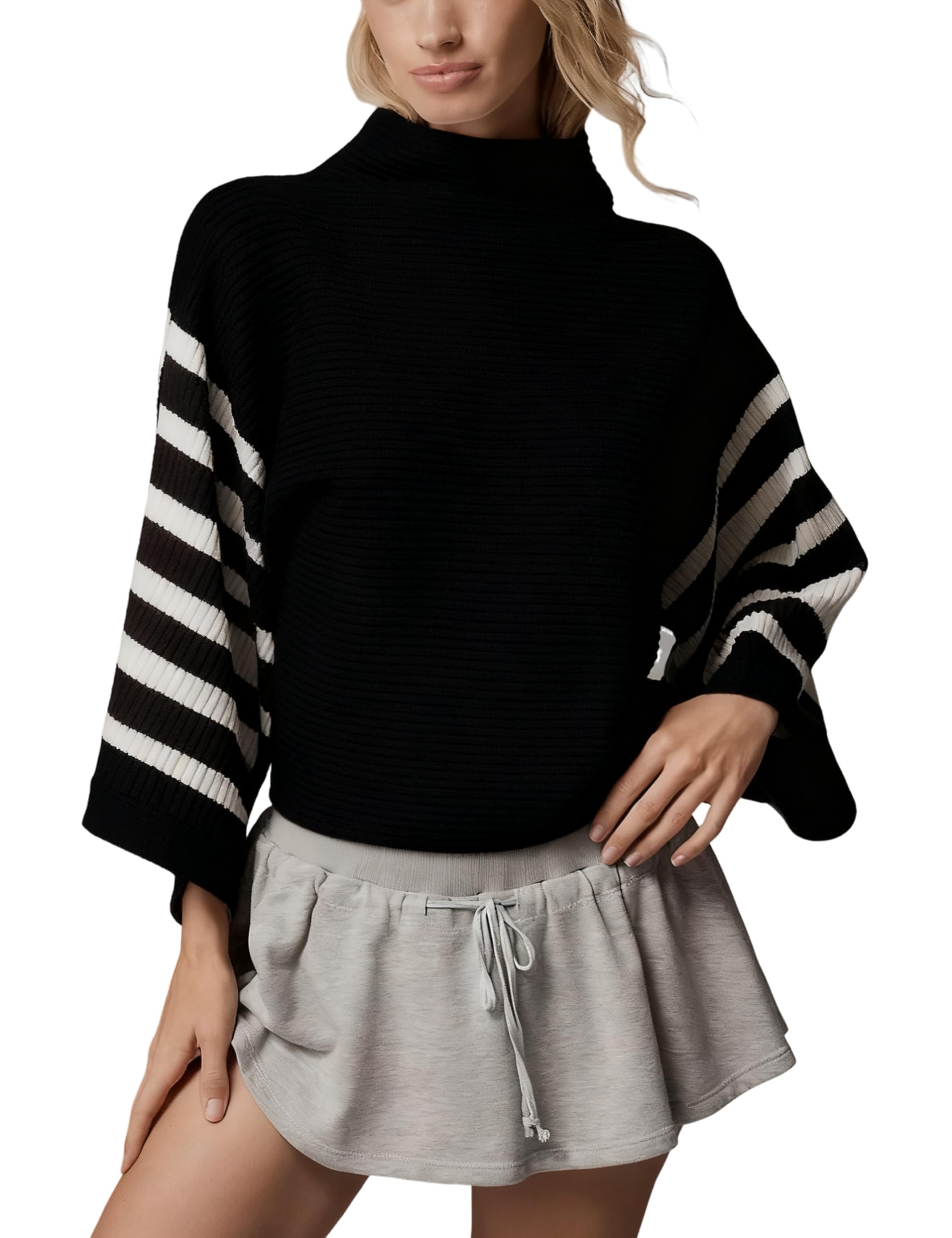 Yeokou Womens Oversized Sweater Long Sleeve Mock Neck Ribbed Knit Top Batwing Sleeve Striped Pullover Casual Tops