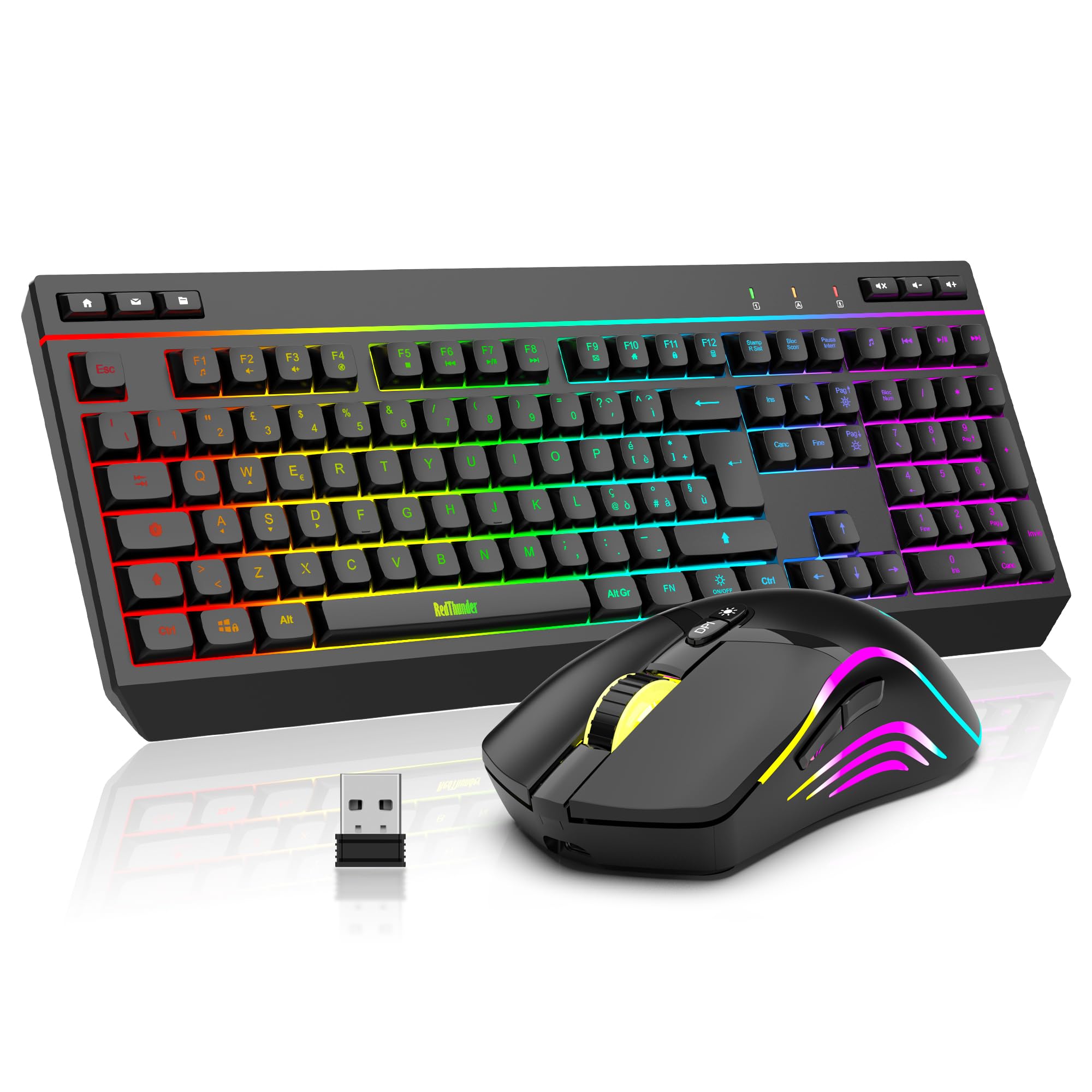 RedThunder K20 Combo Tastiera e Mouse Wireless, Tastiera Full-Size Anti-ghosting con Tasti Multimediali + Mouse Ottico 7D 4800DPI, Set da Gioco/Ufficio RGB Ricaricabile per PC Laptop Mac Xbox (Nero)