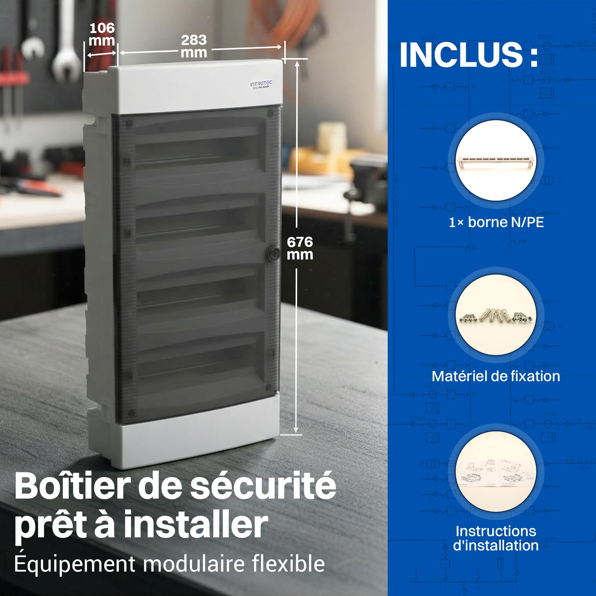 Intratec Coffret de Distribution Encastré 4 Rangée – Coffret IP40 pour 48 Modules avec Porte Transparente et Rail pour Installation Électrique Facile à Domicile & en Entreprise – 676 x 283 x 106mm