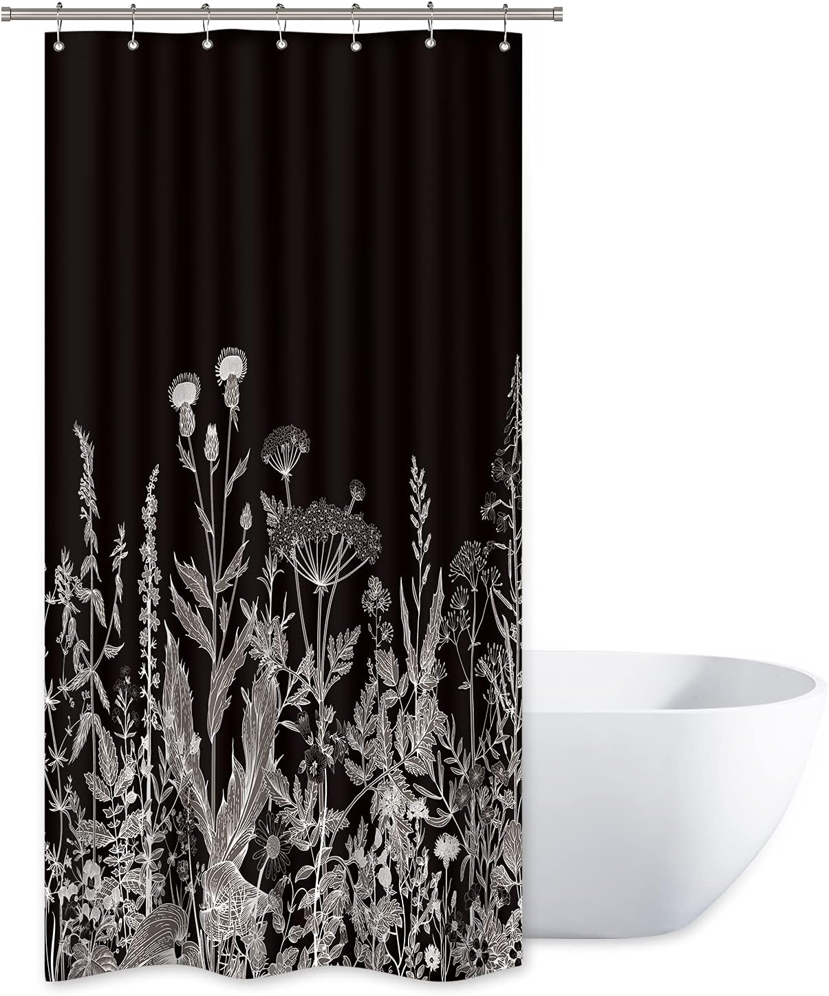 Riyidecor Small Stall Wildflower Plant Shower Curtain 36Wx72H Inch Black Background Botanical Floral Border Herbs Leaves Decor Nature Vintage Bathroom Fabric Polyester Waterproof 7 Pack Plastic Hooks
